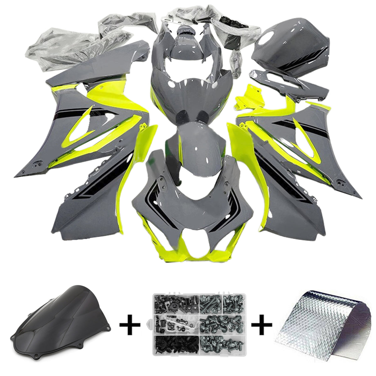 Amotopart 2017-2024 K17 GSXR1000 Suzuki Gloss Grey with Neon Yellow Fairing Kit