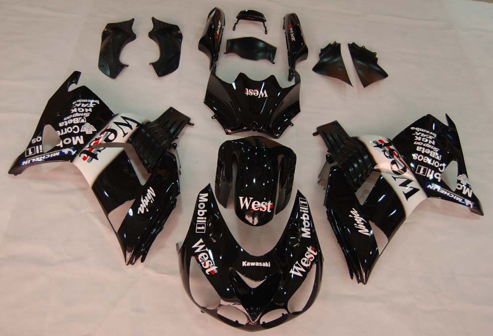 Amotopart 2006-2011 Kawasaki ZX14R Kit de carenado negro con logotipos blancos