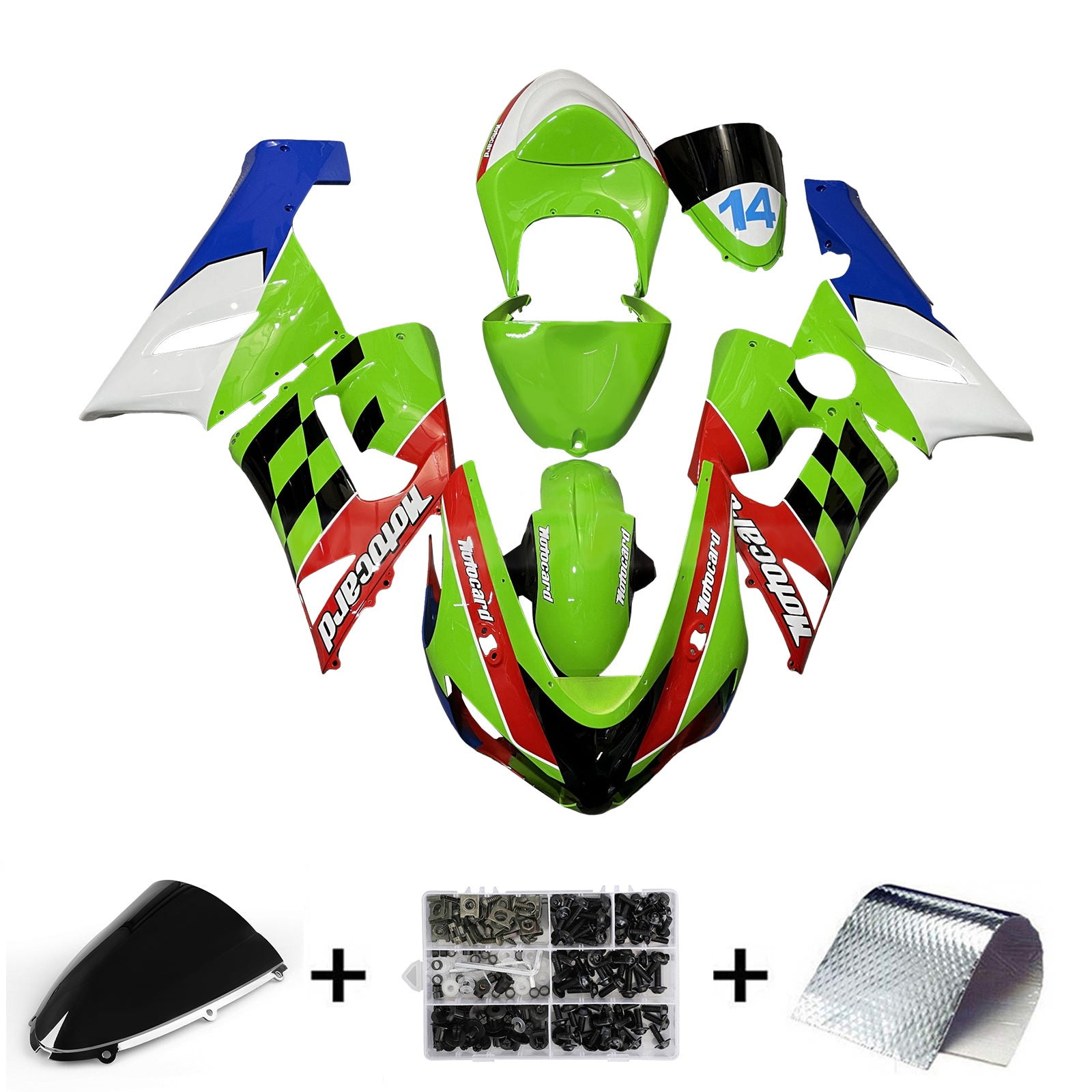 Amotopart 2005-2006 Kawasaki ZX6R 636 Green Blue White Fairing Kit