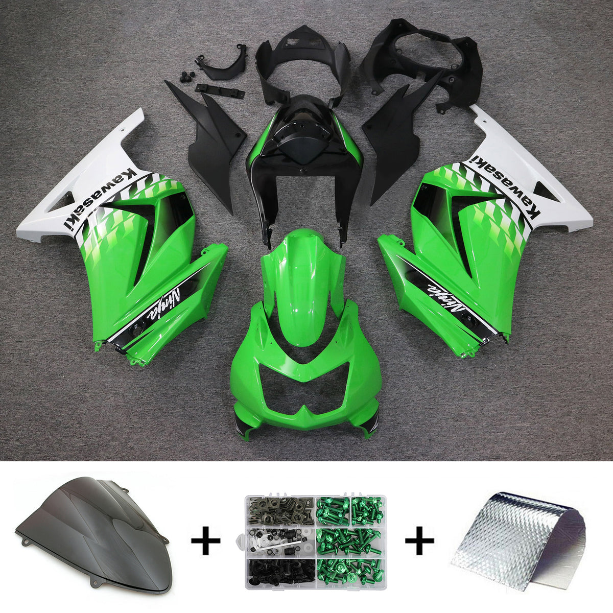 Amotopart 2008–2012 Kawasaki EX250 Ninja250R Mattgrün und Schwarz Style1 Verkleidungsset