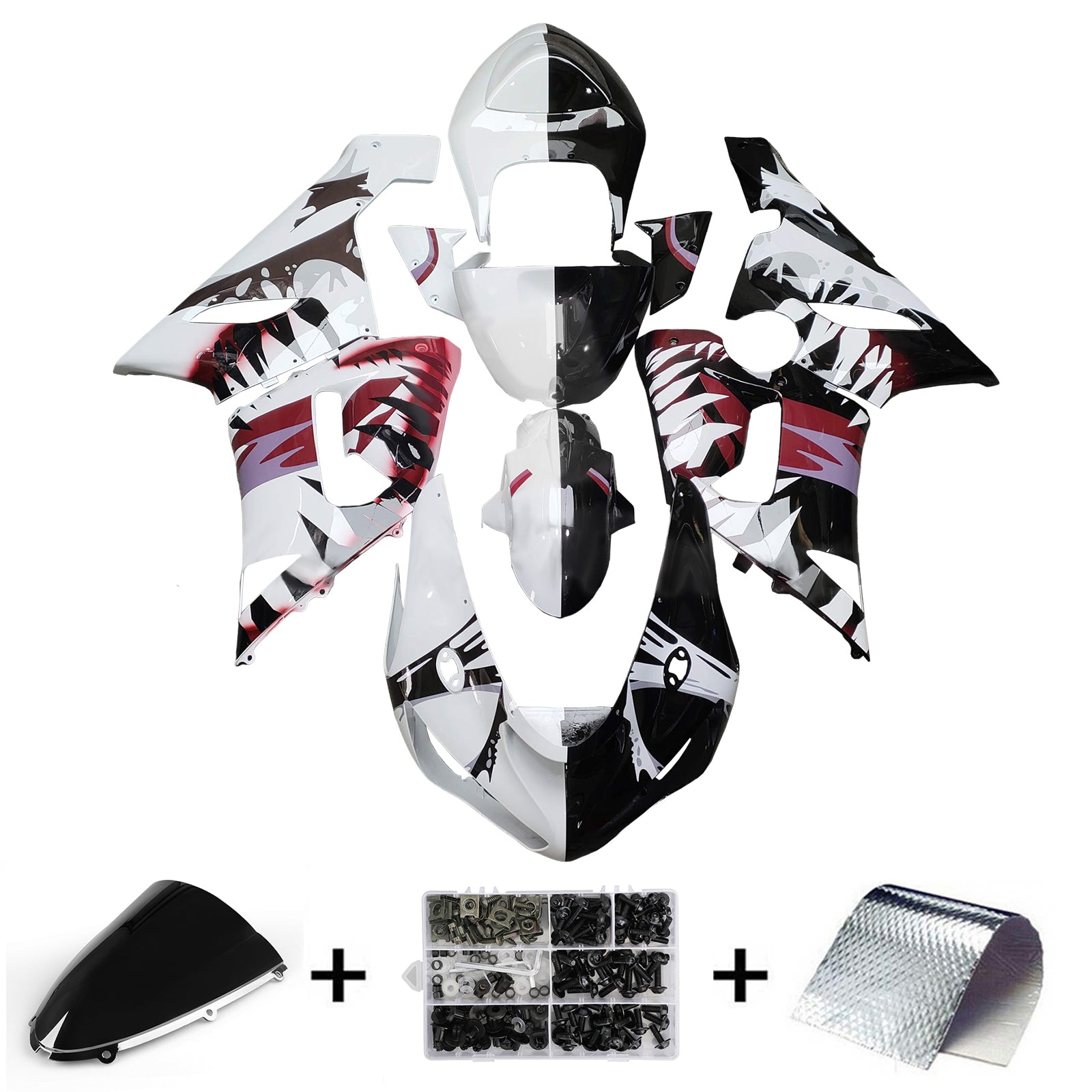 Amotopart 2005-2006 Kawasaki ZX6R 636 Red Black White Fearing Kit