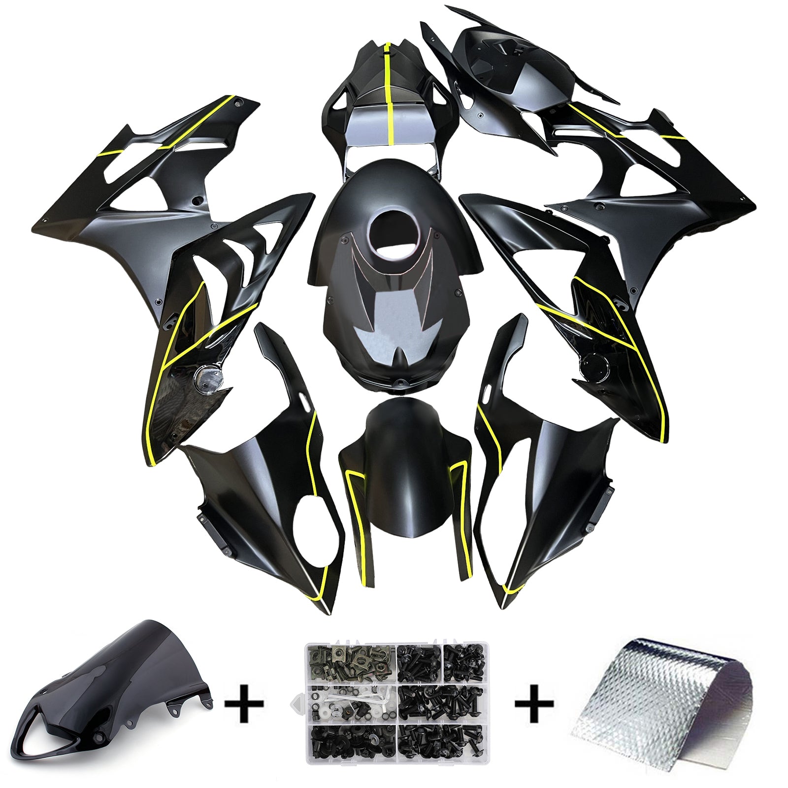 Amotopart 2009-2014 BMW S1000RR Matte Black Yellow Lines Fairing Kit