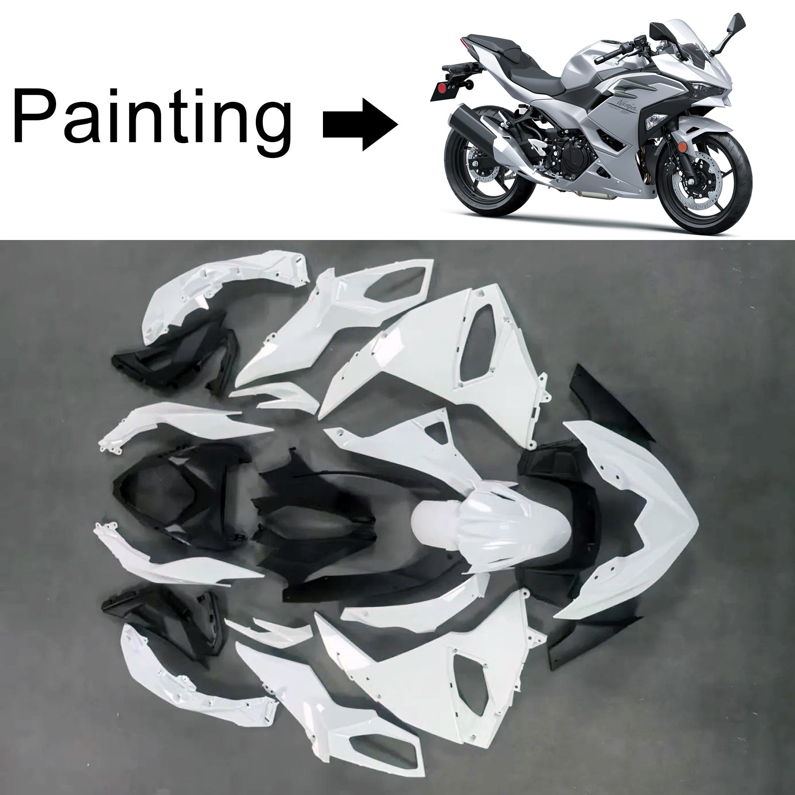 Amotopart 2024-2025 Kawasaki Ninja 500 Kit de carénage argent et noir