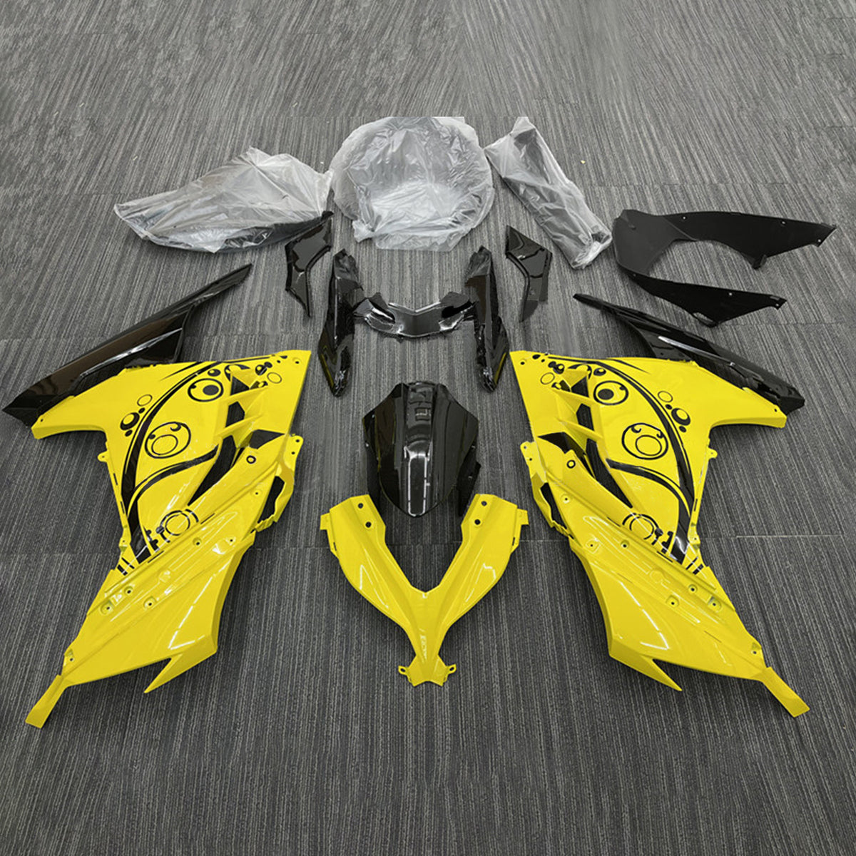 Amotopart 2013-2024 Kit de carénage Kawasaki EX300/Ninja300 jaune et noir Style2