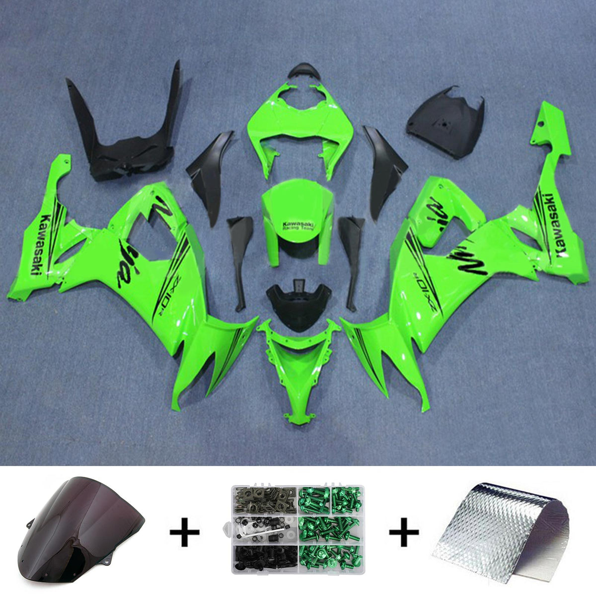 Amotopart 2008-2010 Kawasaki ZX10R Kit de carenado con logotipo verde y negro Style5