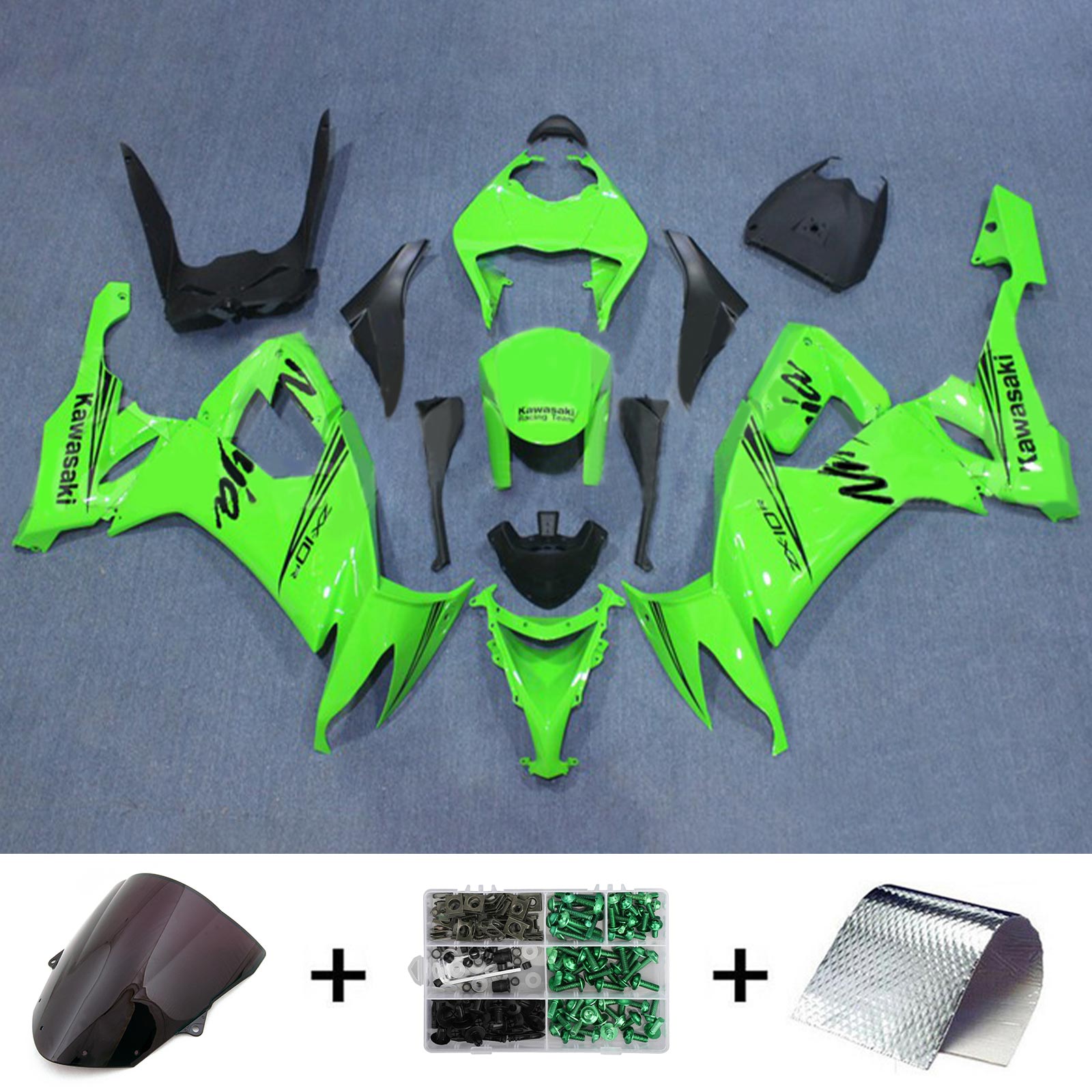 Amotopart 2008–2010 Kawasaki ZX10R Green &amp; Black Logo Style5 Verkleidungsset