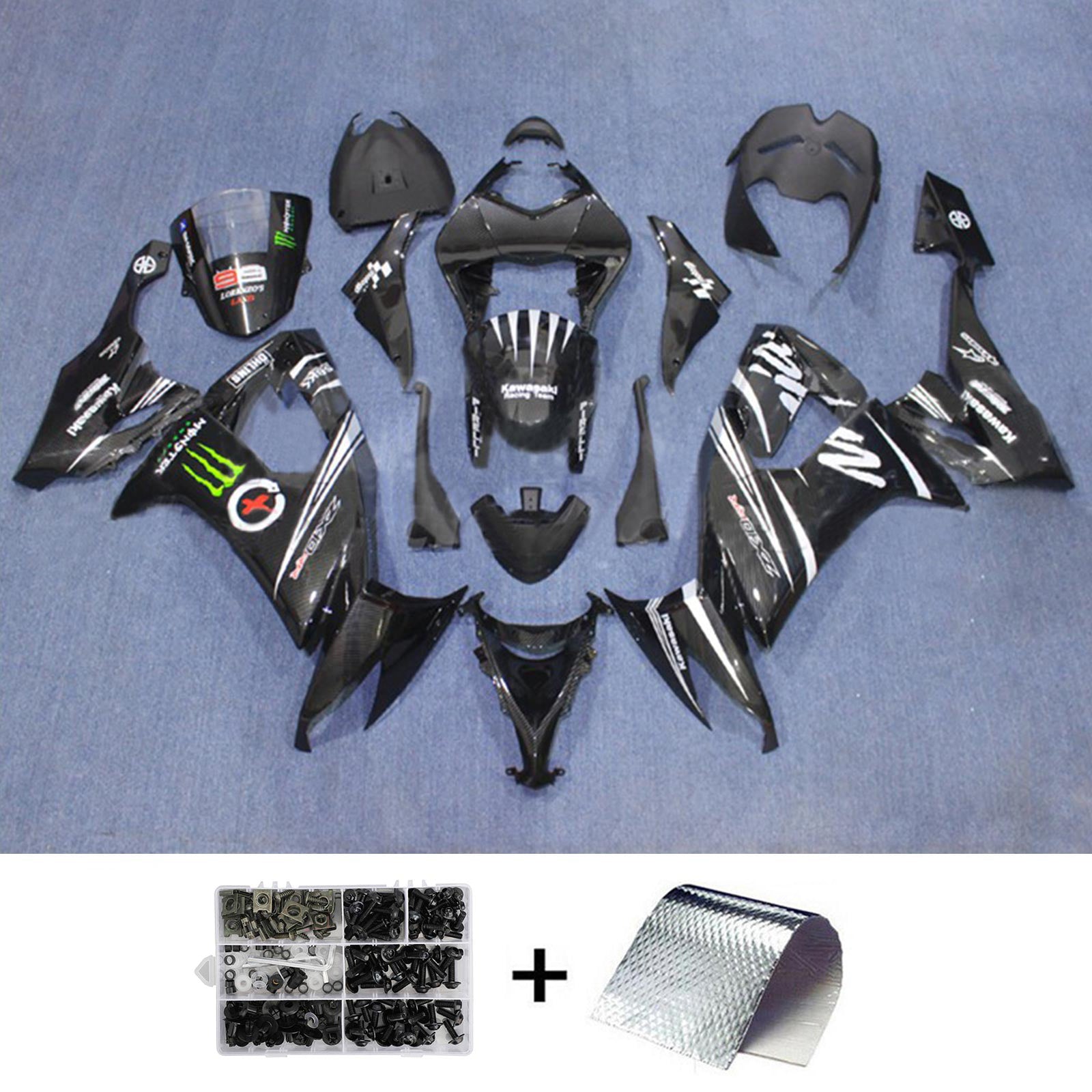 Amotopart 2008-2010 Kawasaki ZX10R Black with White Accent Fairing Kit