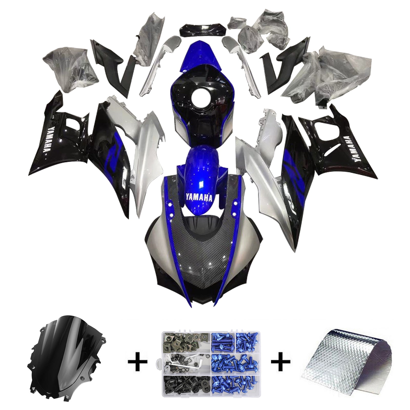 Amotopart Yamaha 2019-2021 YZF R3/YZF R25 Kit de carenado de fibra de carbono azul y plateado