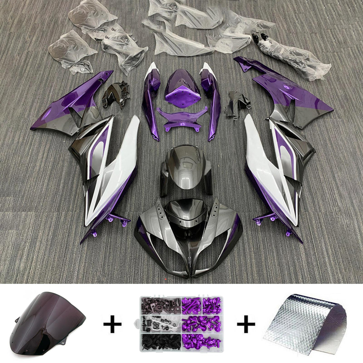 Amotopart Kawasaki 2009-2012 ZX6R 636 Kit carena grigio e viola