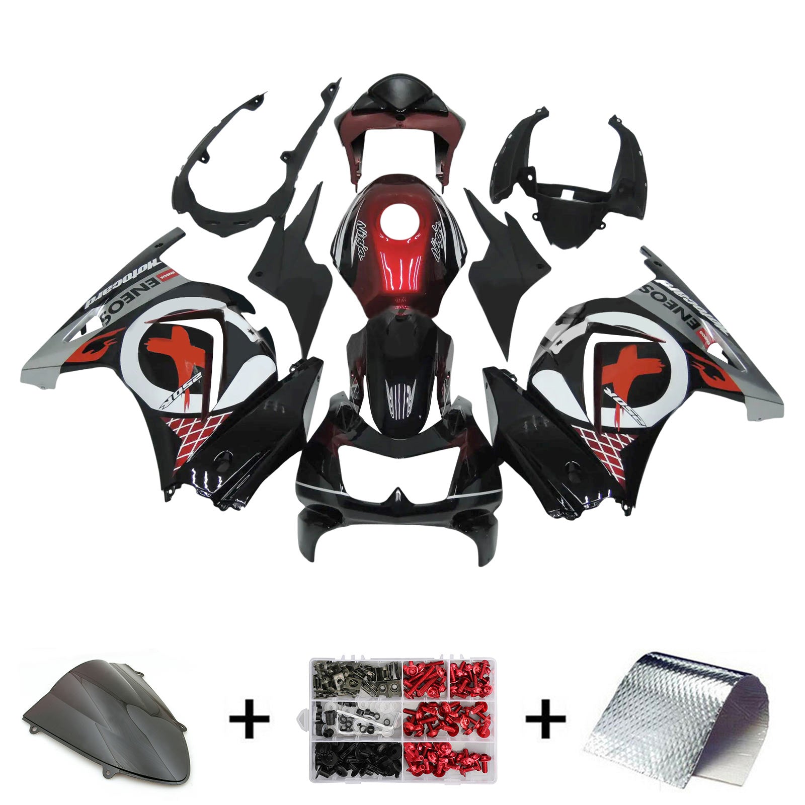 Amotopart 2008-2012 Kawasaki EX250 Ninja250R Kit de carénage noir et rouge