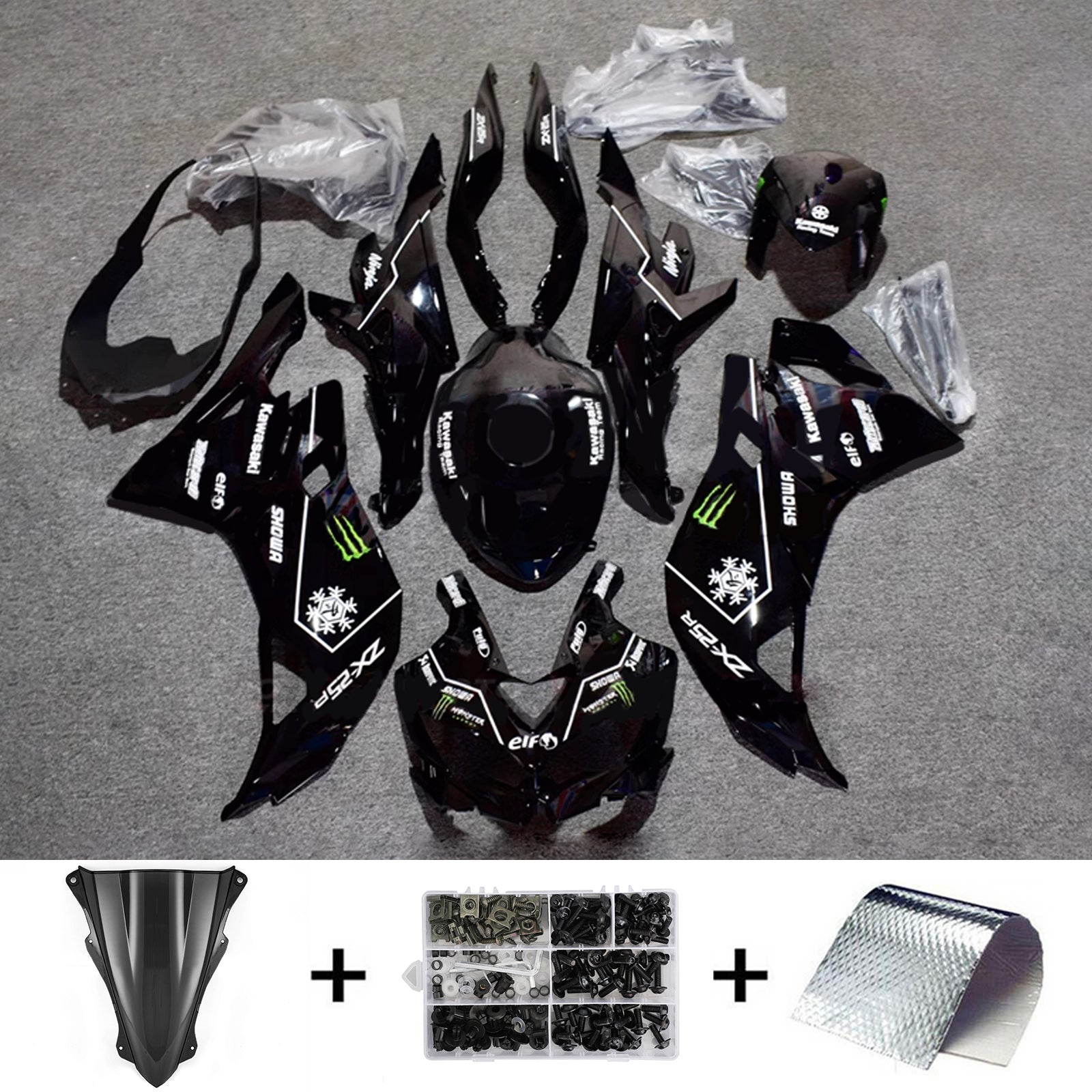 Amotopart 2019–2024 Ninja ZX-25R ZX-4R ZX-4RR Kawasaki, schwarz mit weißen Emblemen, Verkleidungssatz