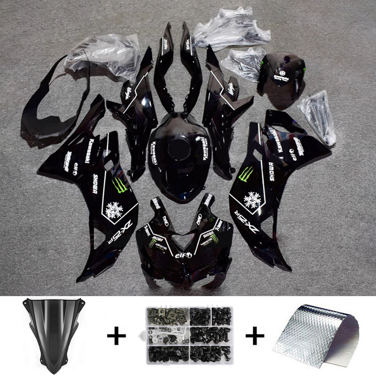 Amotopart 2019-2024 Ninja ZX-25R ZX-4R ZX-4RR Kawasaki ブラック ホワイトエンブレム付き フェアリングキット