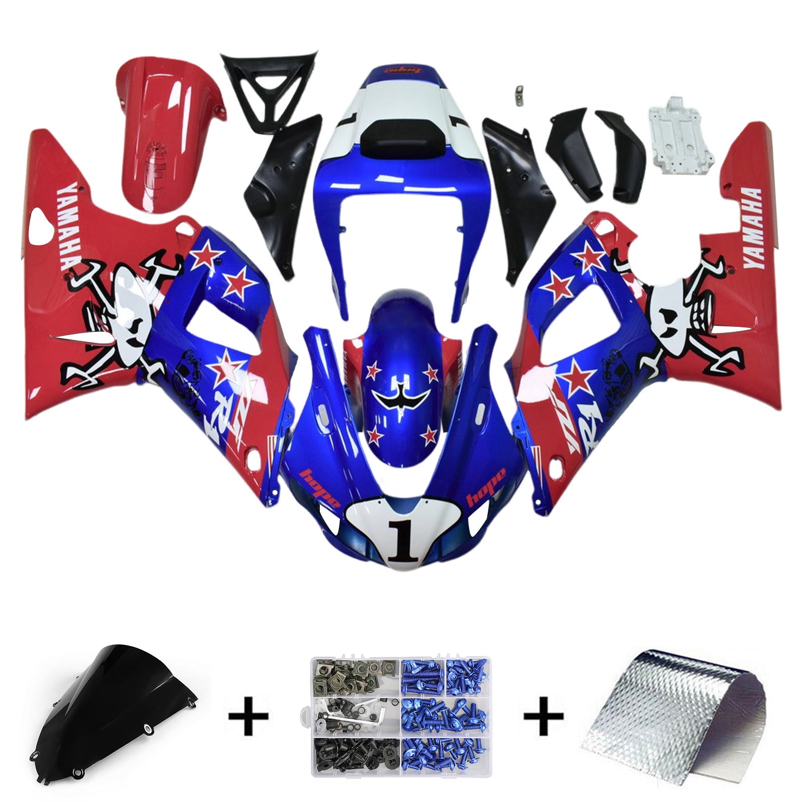 Amotopart 1998-1999 Yamaha YZF 1000 R1 Kit de carenado negro azul rosa