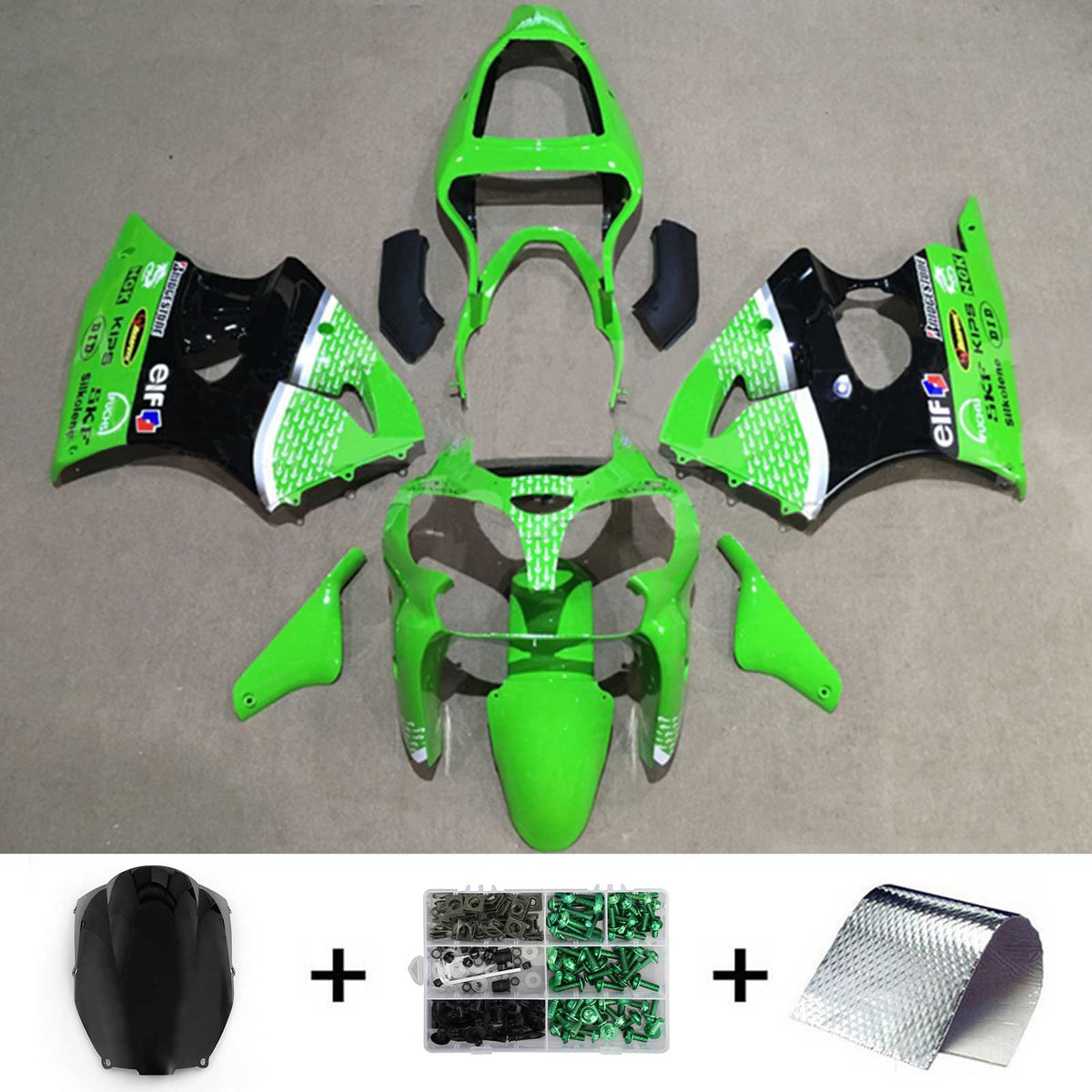 Amotopart ZX6R 636 2000-2002 ZZR600 2005-2008 Kit de carénage vert et noir Kawasaki