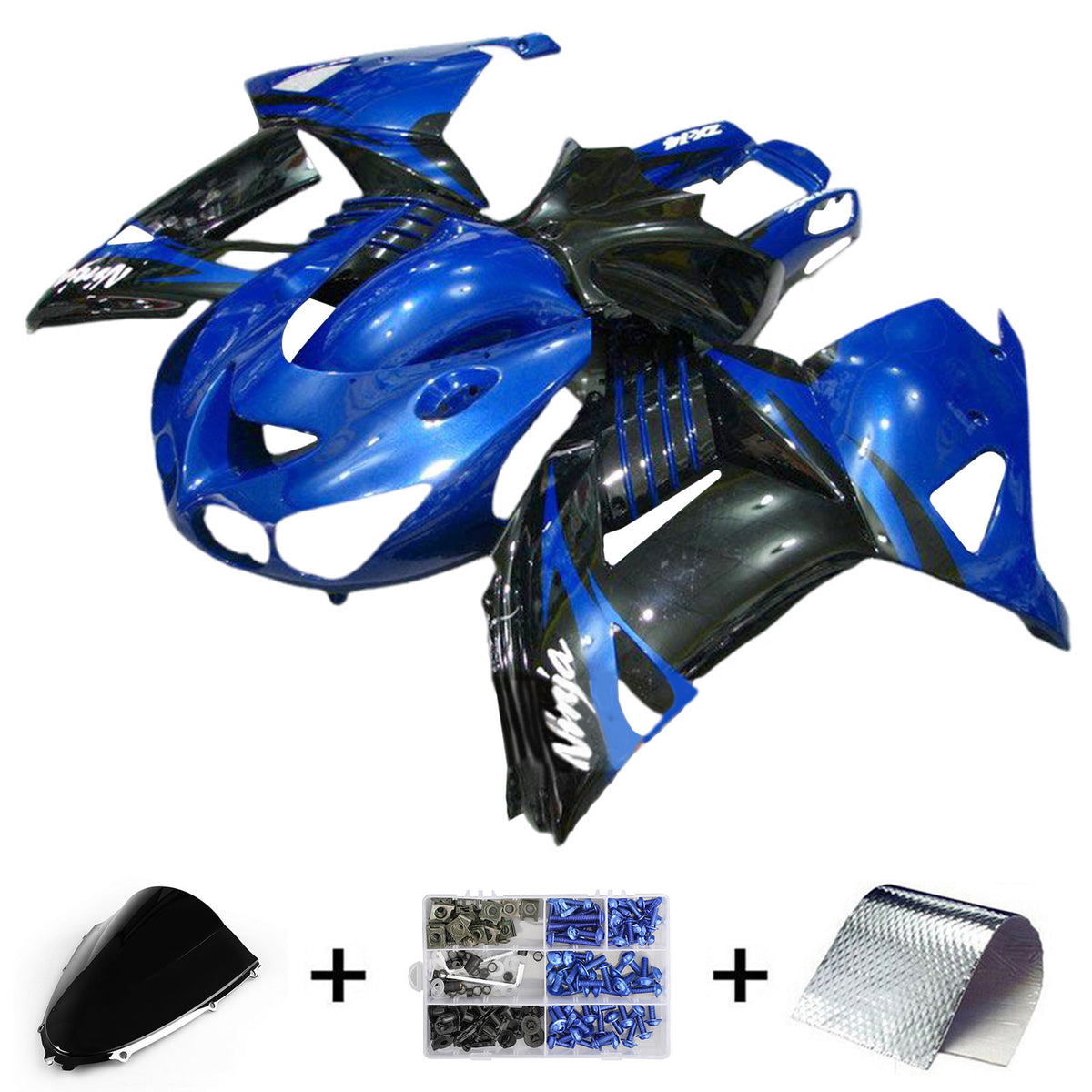 Amotopart 2006-2011 Kawasaki ZX14R ZZR1400 Kit de carénage noir bleu et blanc