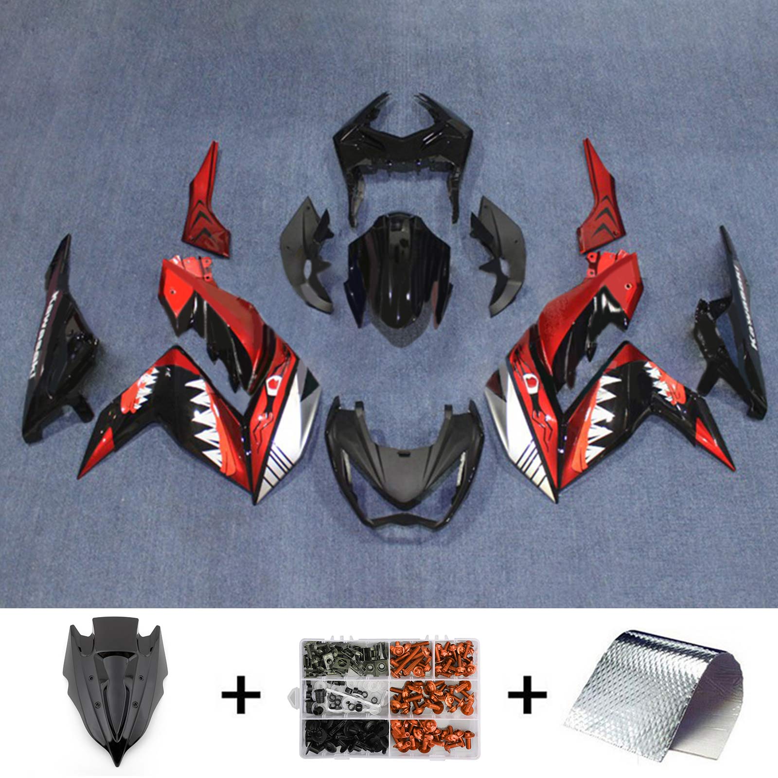 Amotopart 2015-2016 Z250 Z300 Kawasaki Kit de carenado de dientes de tiburón rojo y negro