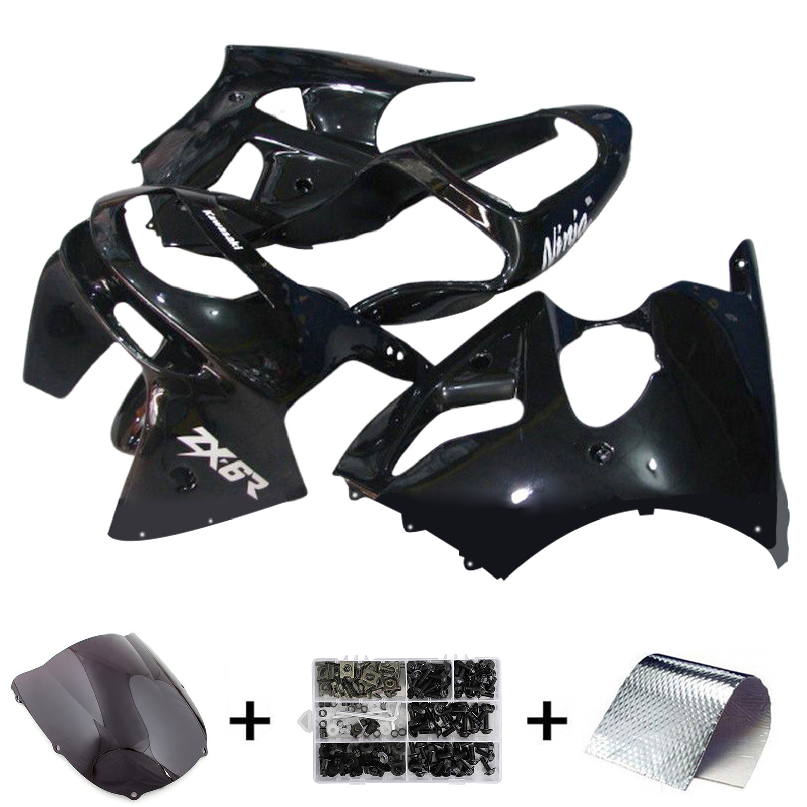 Amotopart Verkleidungssatz für Kawasaki ZX6R, glänzend schwarz, 1998–1999