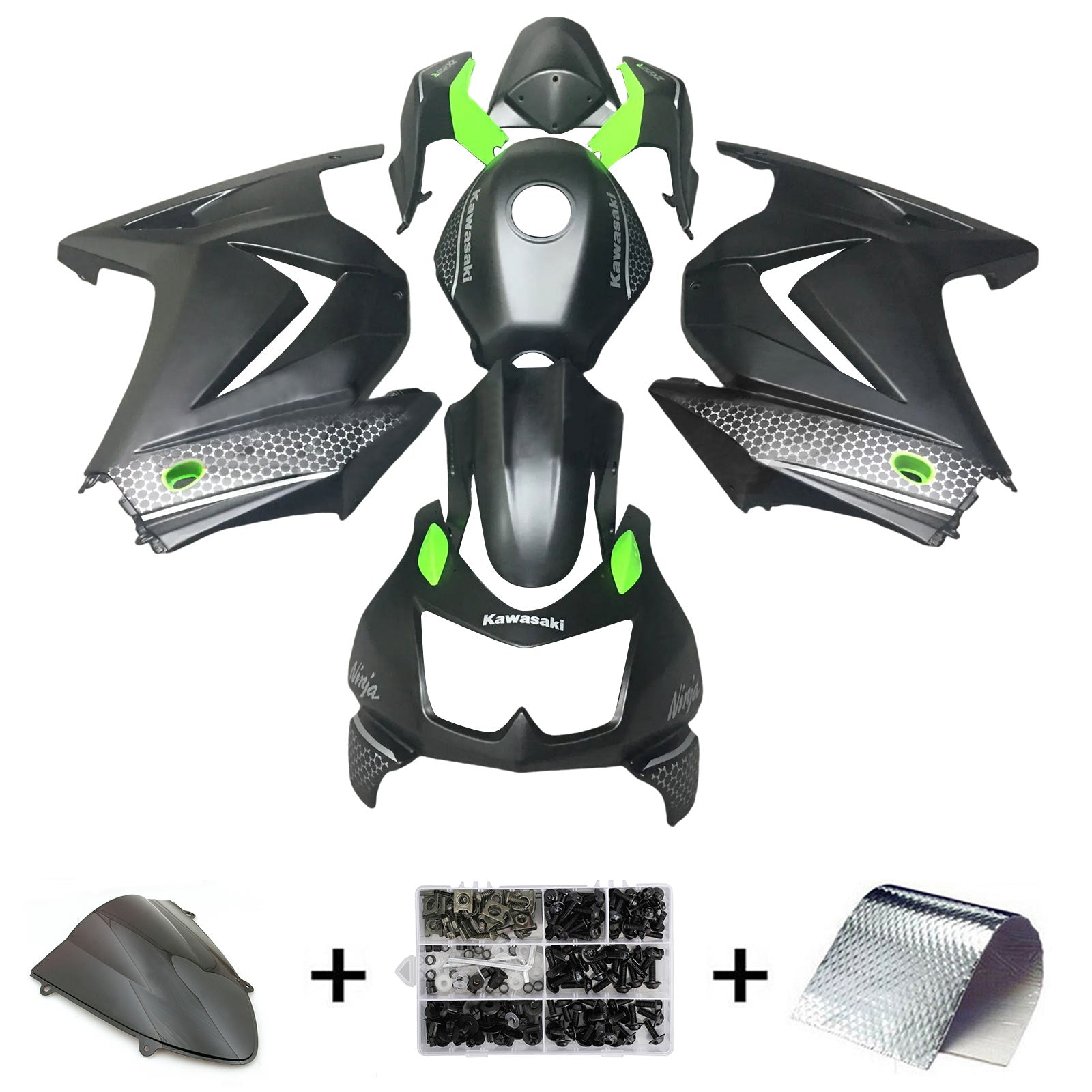 Amotopart 2008-2012 Kawasaki EX250 Ninja250R Kit de carenado negro verde