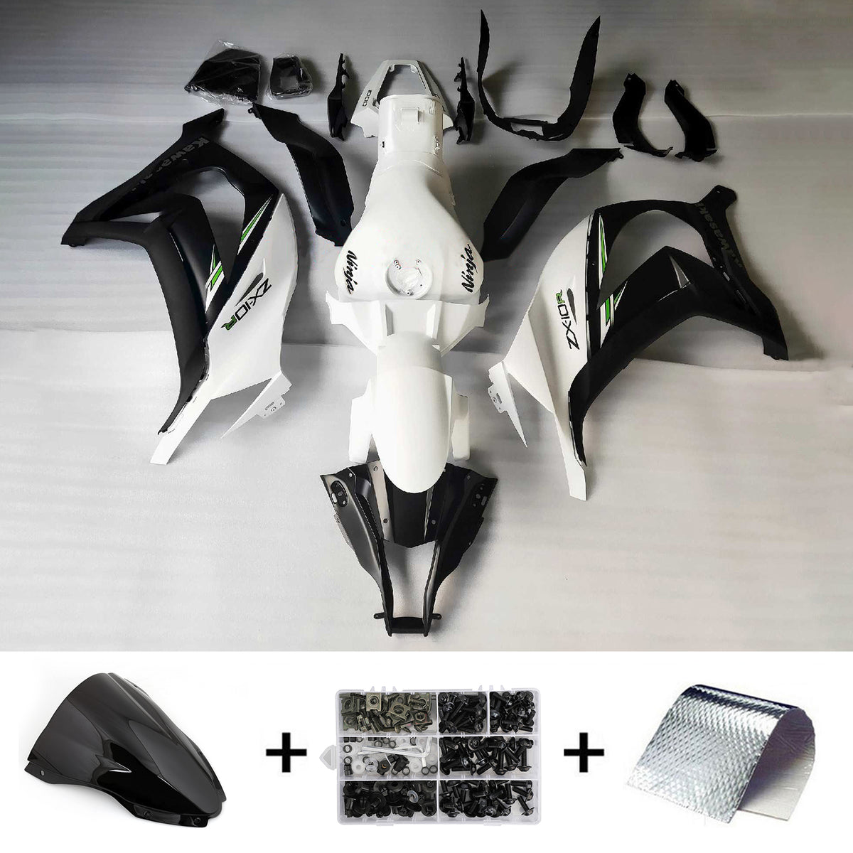 Kit de carénage Amotopart 2016-2020 Kawasaki ZX10R noir et blanc