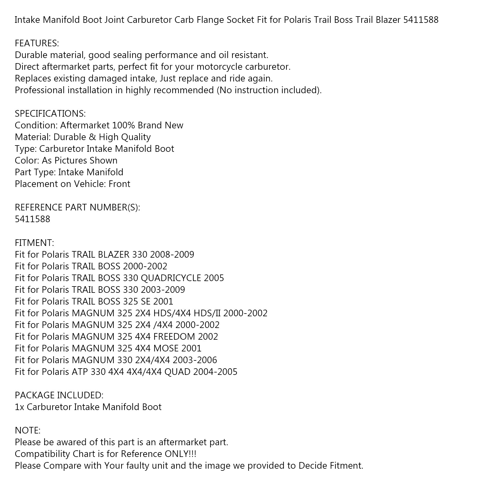 Carburetor Boot Fit for Polaris Trail Blazer Boss Magnum ATP 325 330 5411588