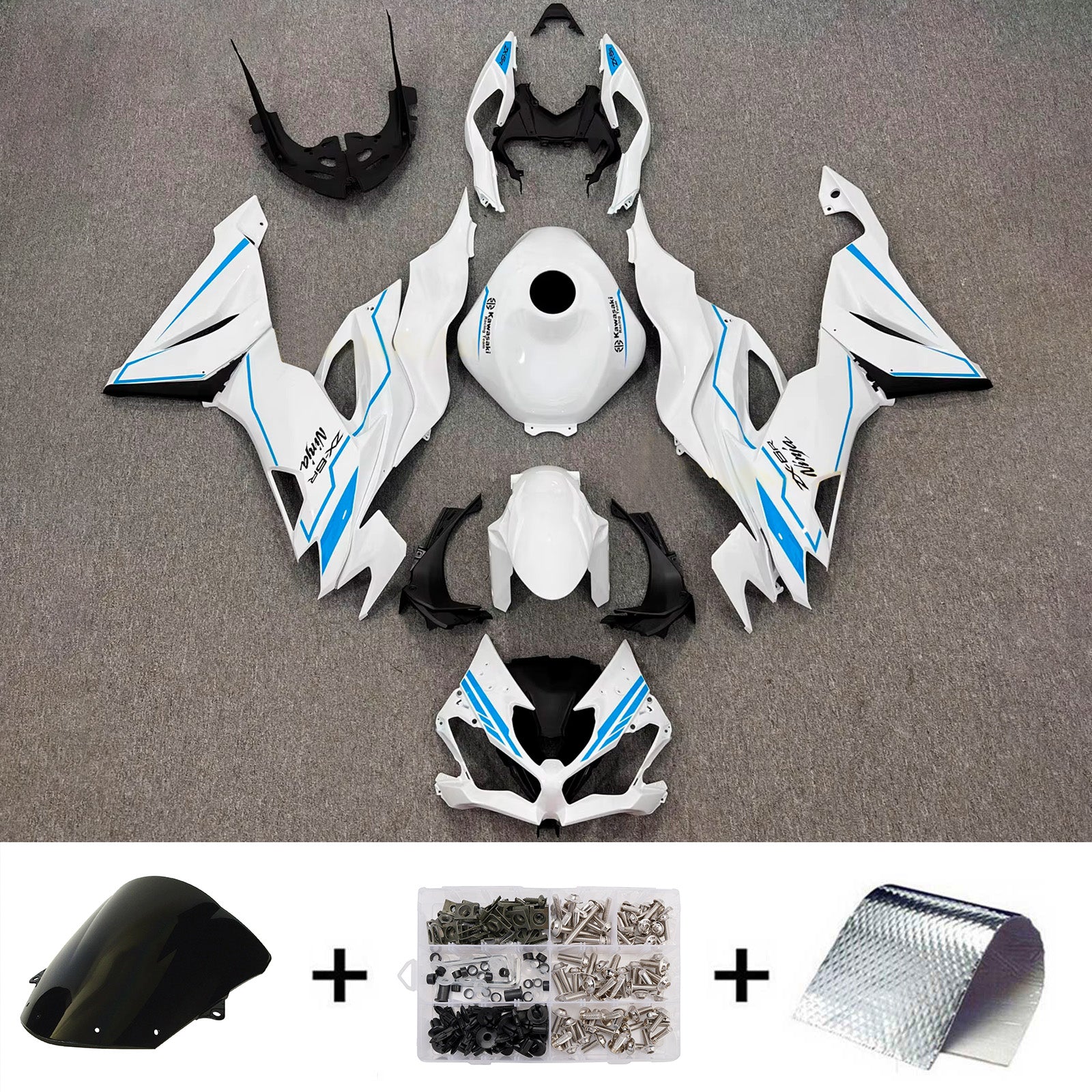 Amotopart 2019-2023 Kawasaki ZX6R White Blue Fairing Kit