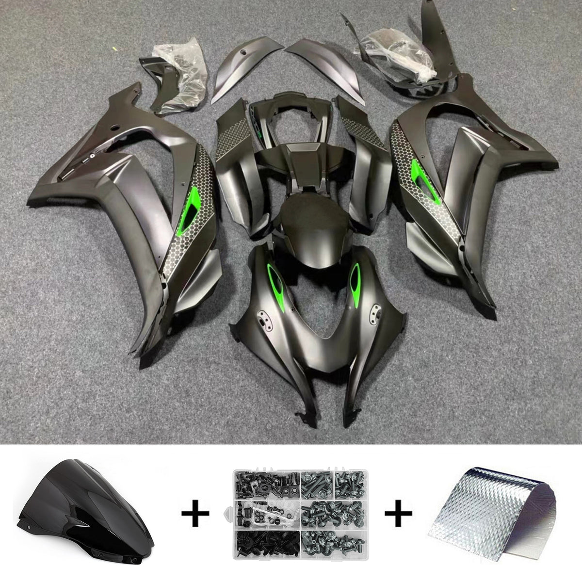 Amotopart 2016-2020 Kawasaki ZX10R Kit de carénage gris et vert mat