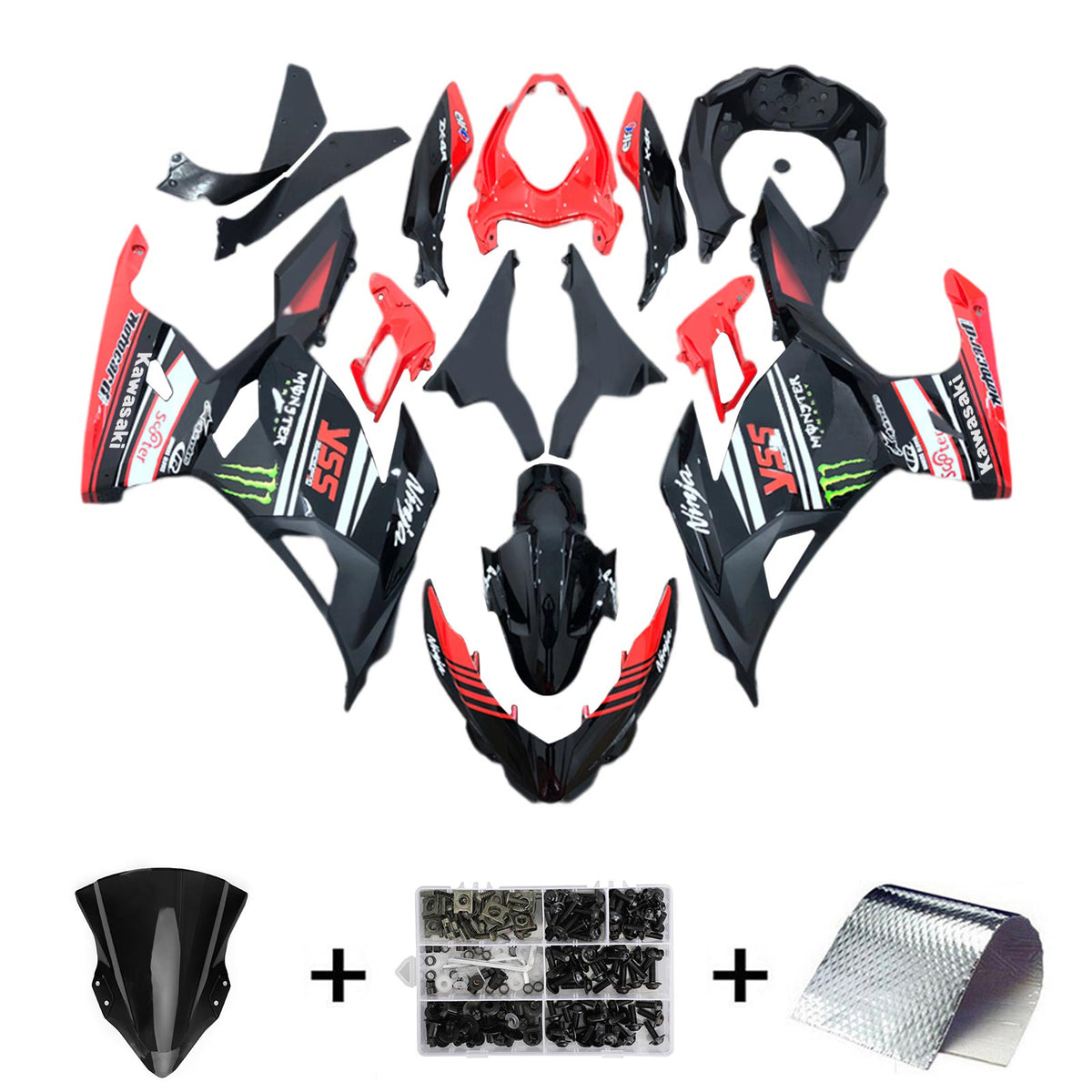 Amotopart 2018-2024 Kawasaki EX400 Ninja400 Kit de carénage rouge et noir Style2