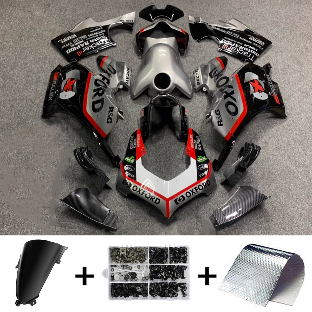 Amotopart Ducati 20-21 Panigale V4 V4S &amp; 21-22 Panigale V4SP &amp; 19-22 Panigale V4R Verkleidungssatz aus Kohlefaser, Schwarz, Grau, Weiß