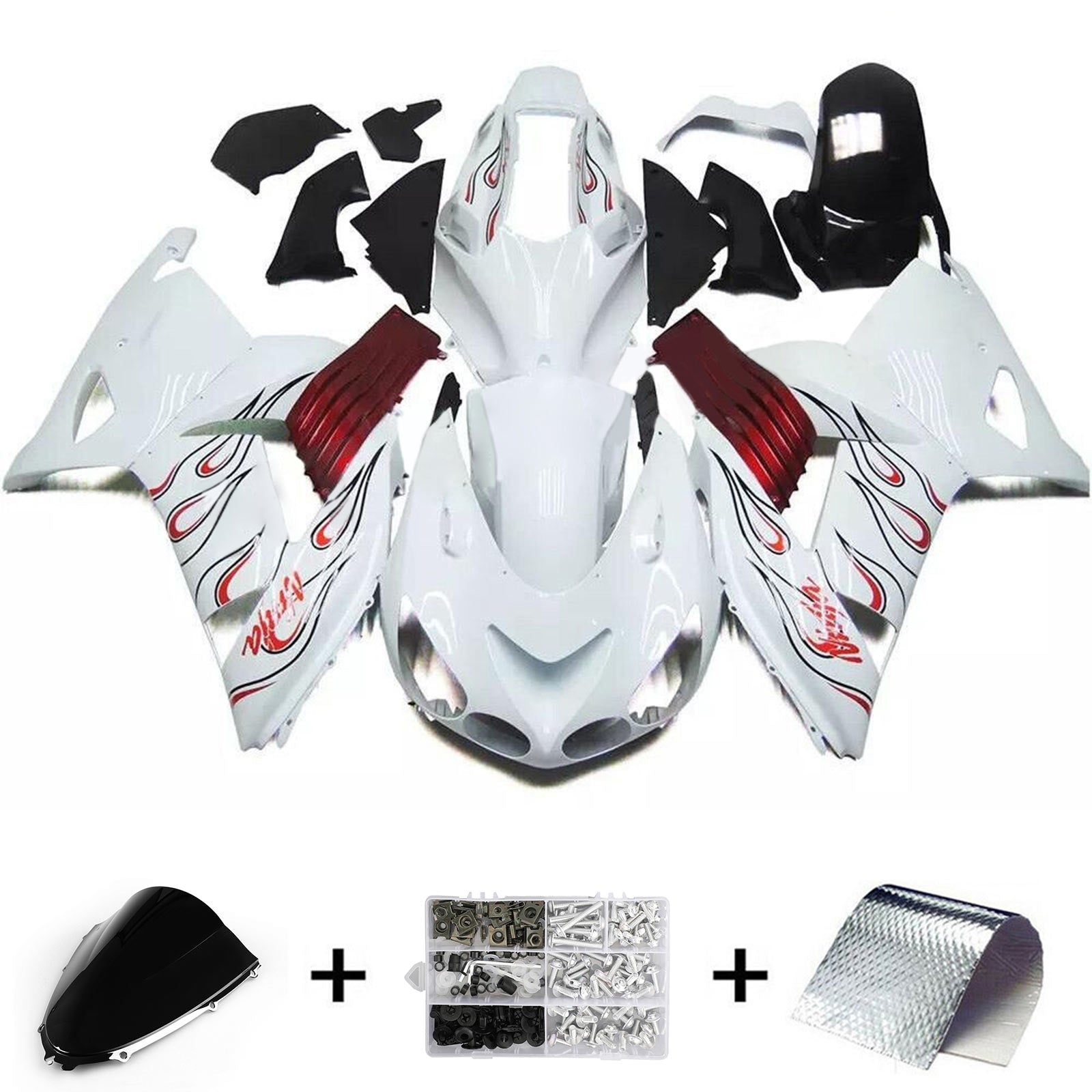 Amotopart 2006-2011 Kawasaki ZX14R ZZR1400 White Black Fairing Kit