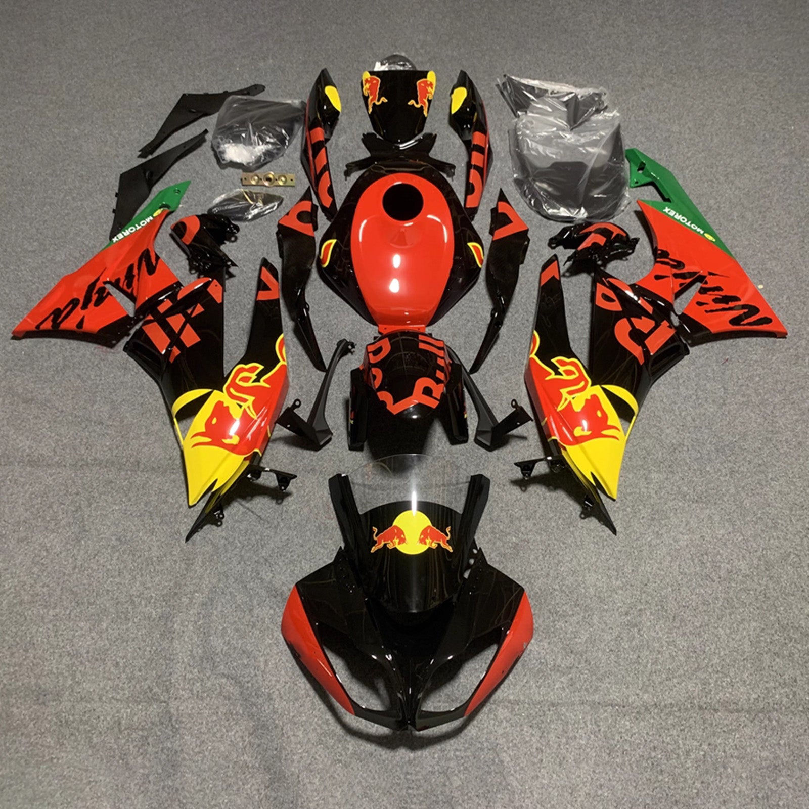Amotopart 2009-2012 Kawasaki ZX6R 636 Black Red Yellow Redbull Fairing Kit