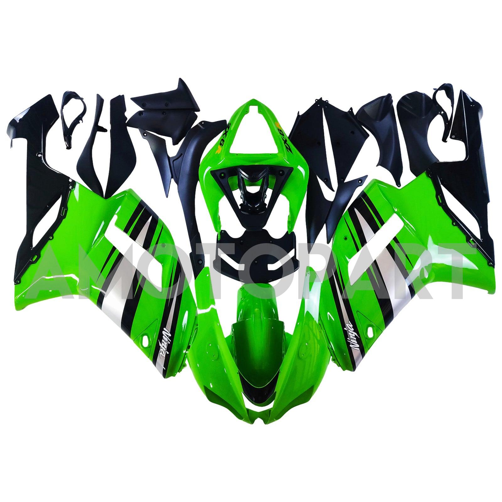 Amotopart 2007-2008 Kawasaki ZX6R 636 Glänzende Silbergrün-Schwarzverkleidung Kit