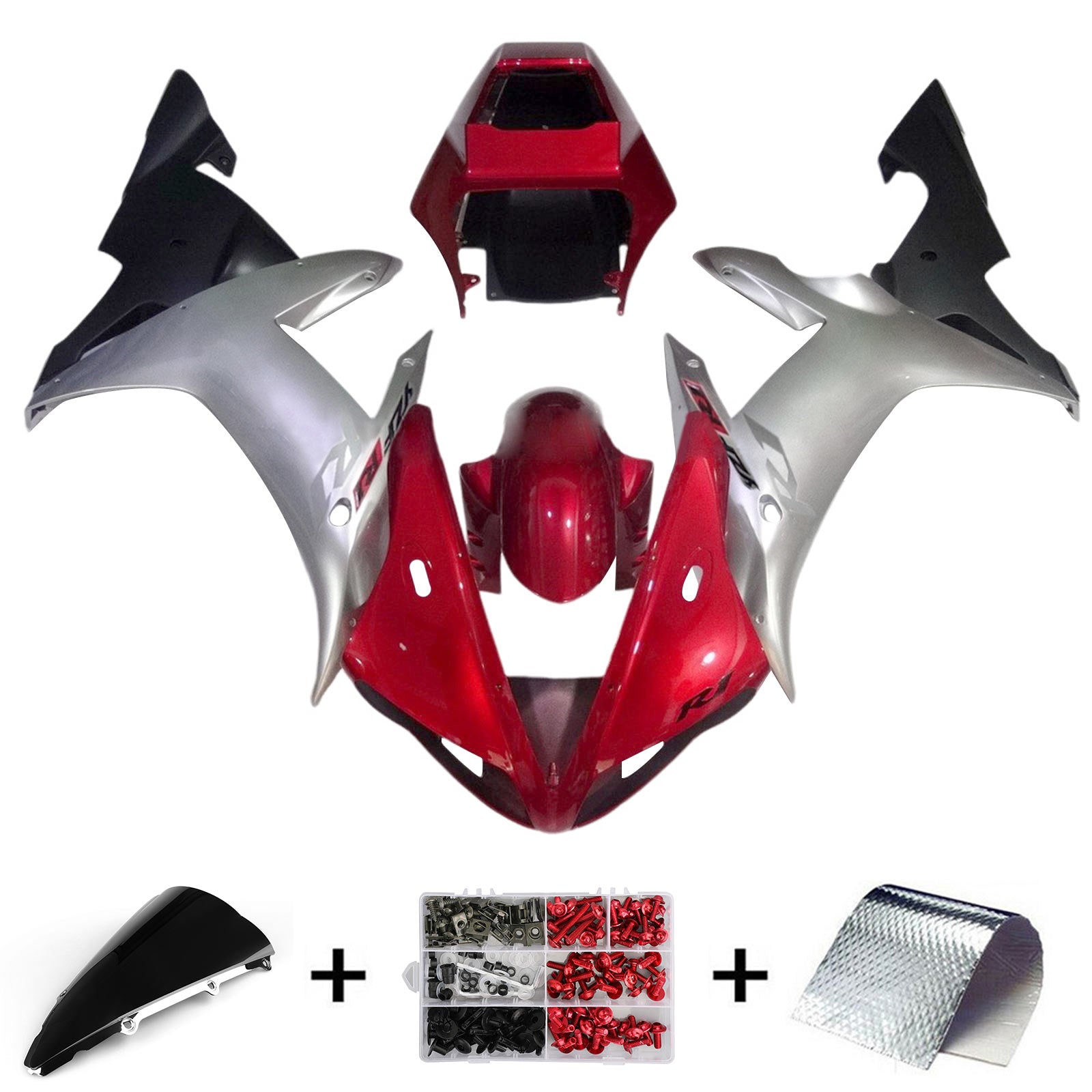 Amotopart 2002–2003 Yamaha YZF R1 Verkleidungssatz, Schwarz, Silber, Rot