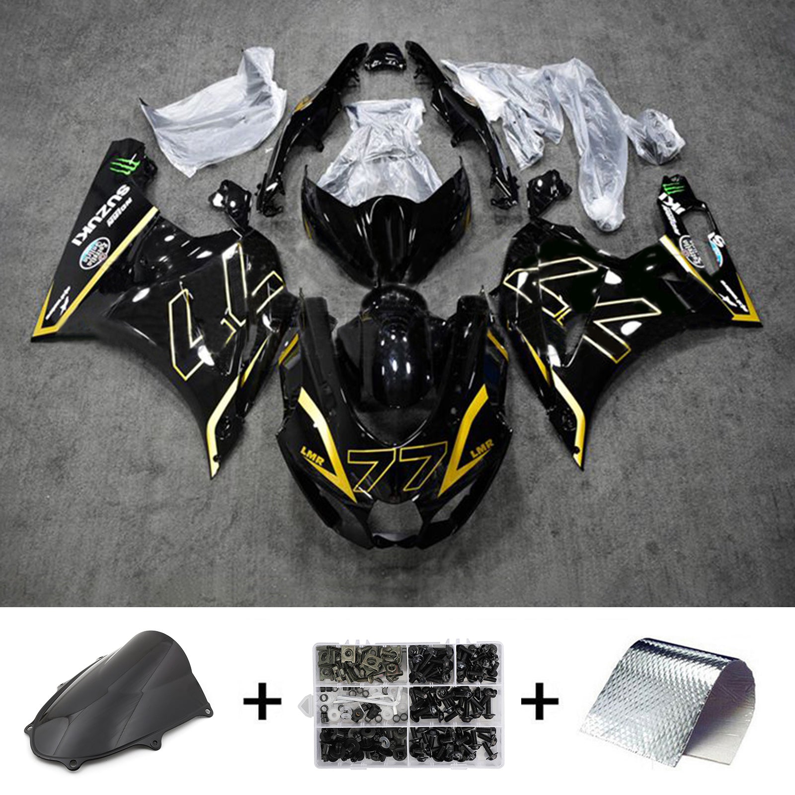 Amotopart 2017-2024 K17 GSXR1000 Suzuki Kit de carenado negro y dorado