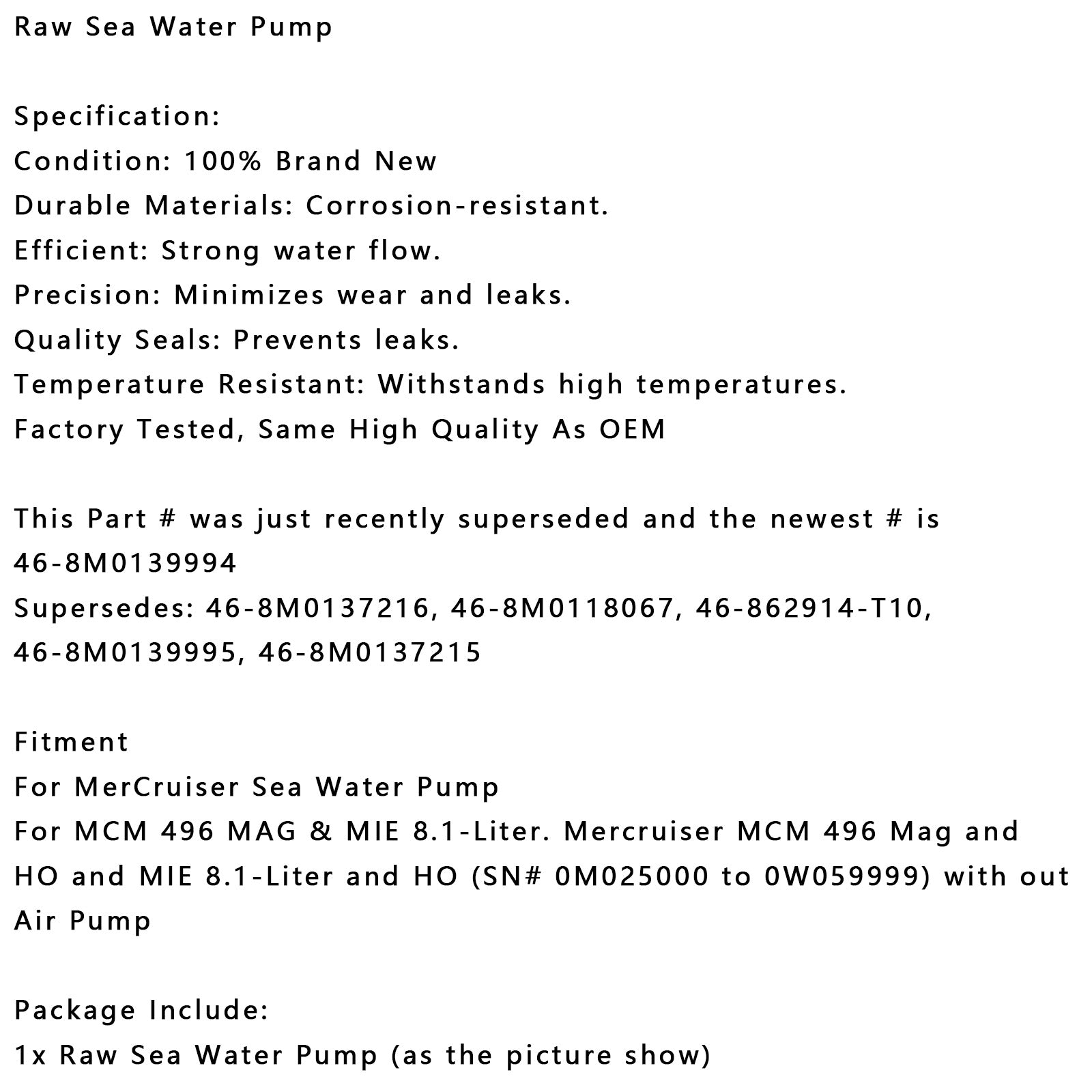 Mercruiser Mercury Quicksilver Pompe en eau de mer crue 46-8M0139994 8M0137215