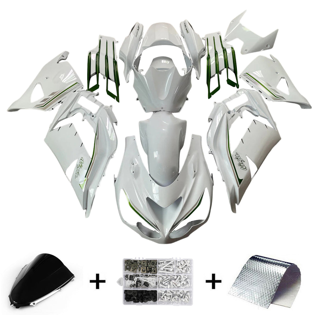 Amotopart 2012-2022 Kawasaki ZX14R ZZR1400 Kit de carénage blanc et vert