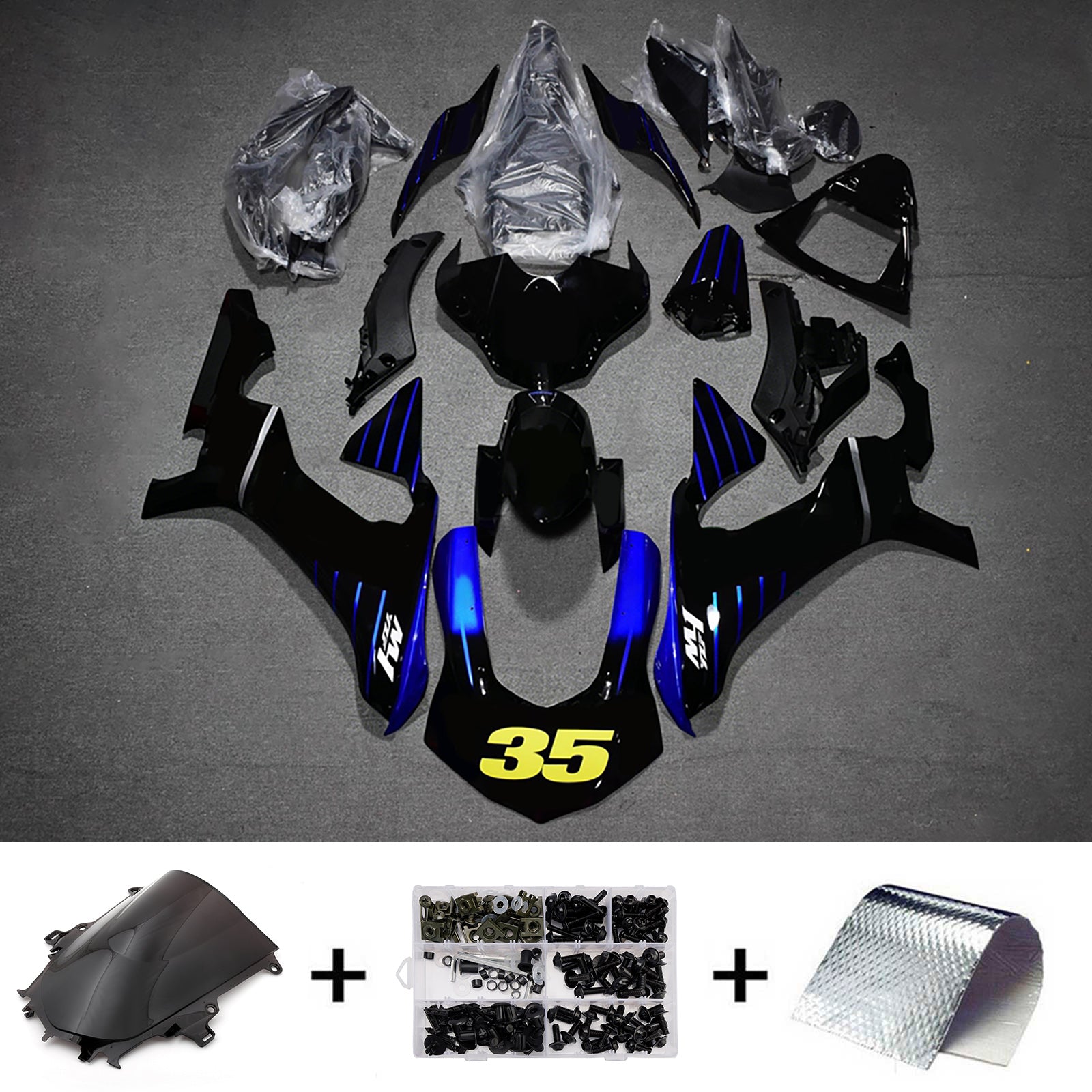Amotopart 2015–2019 Yamaha YZF 1000 R1 Schwarz/Blau Verkleidungsset