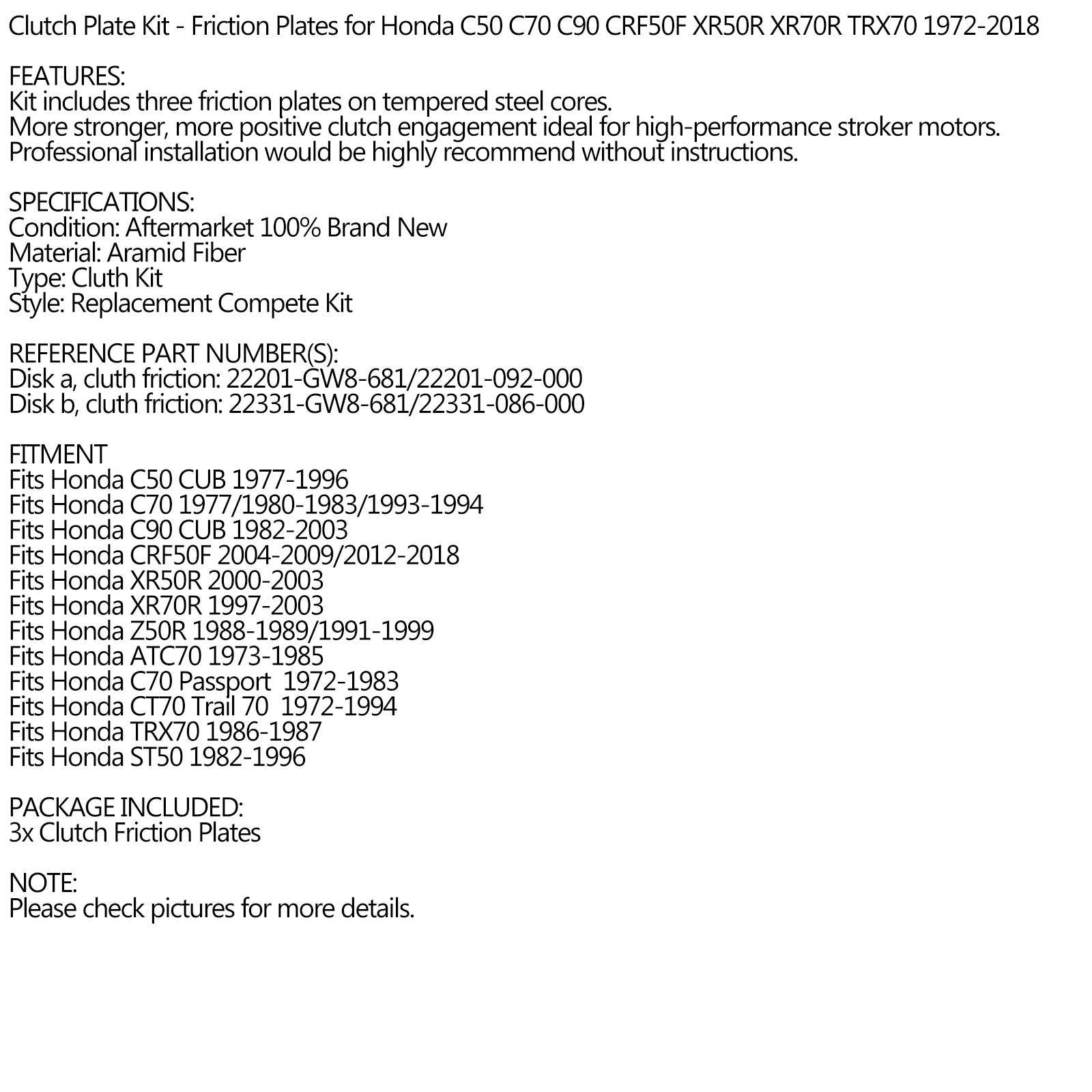 Clutch Friction Plate Kit Set For Honda C50 C70 C90 CRF50F XR50R XR70R 1972-2018