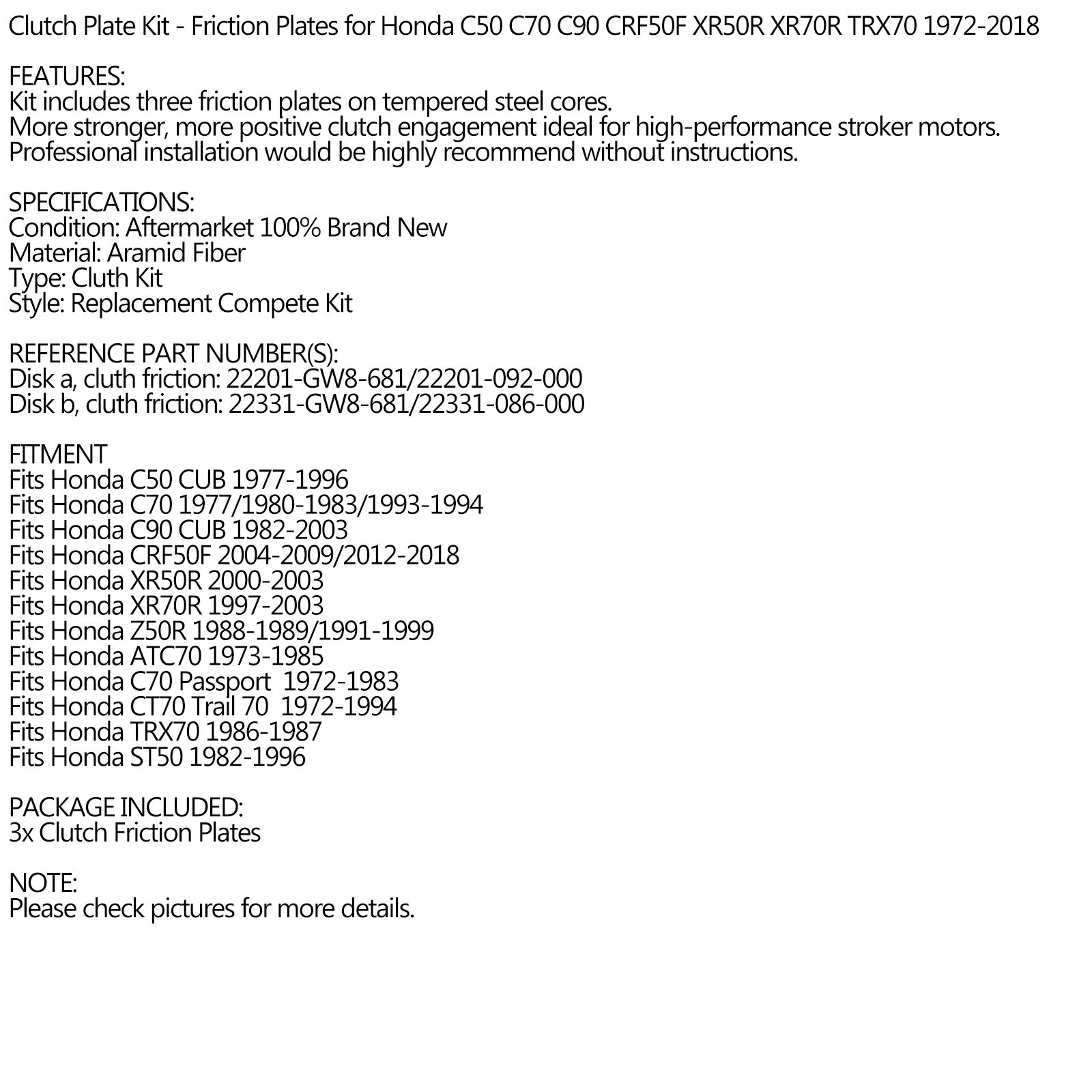 Set kit piastra frizione frizione per Honda C50 C70 C90 CRF50F XR50R XR70R 1972-2018