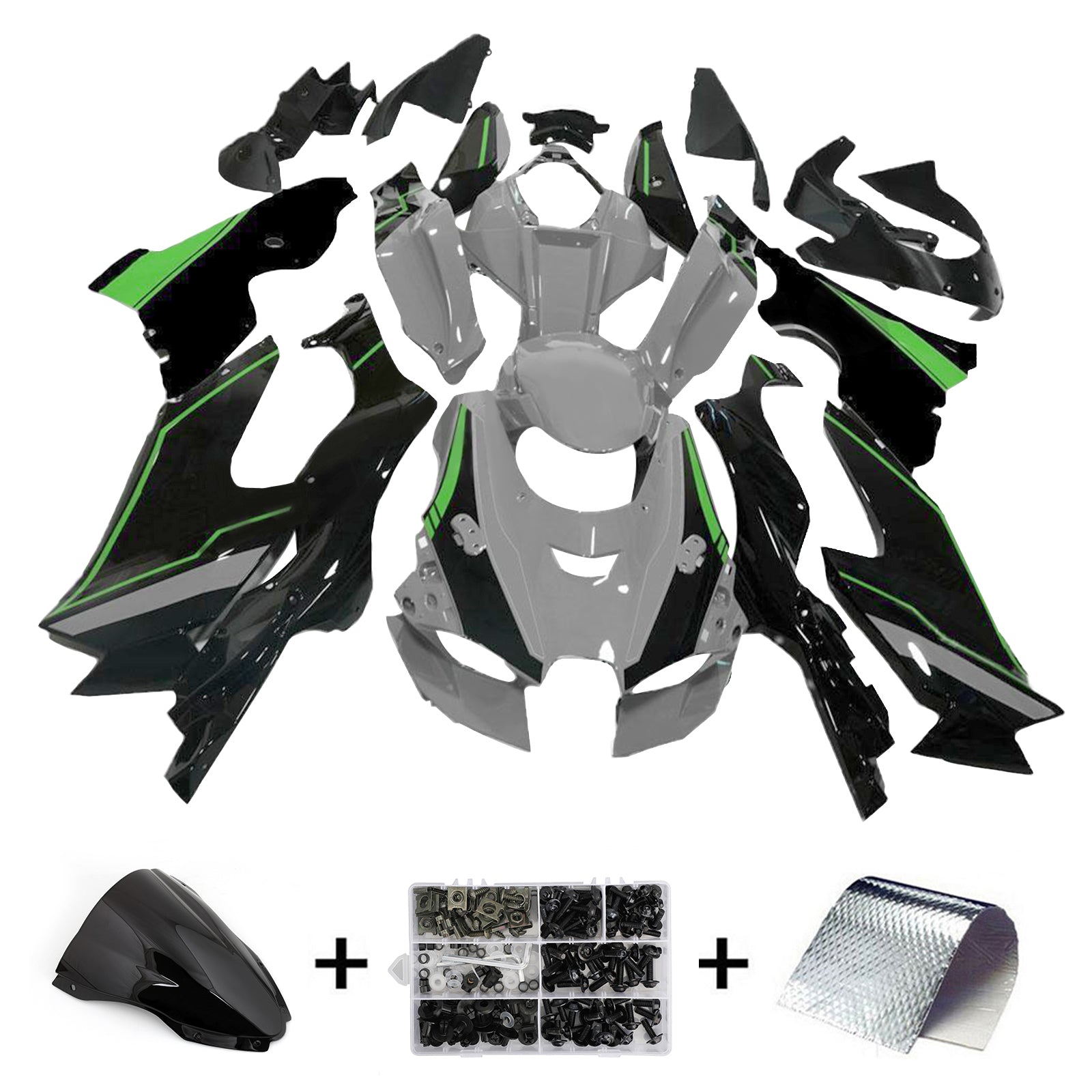 Amotopart 2021-2024 Kawasaki ZX10R ZX10RR Schwarz Weiß Grün Verkleidungssatz