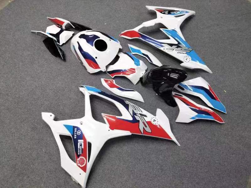 Amotopart 2019-2022 BMW S1000RR Kit de carénage blanc avec logos rouges et bleus