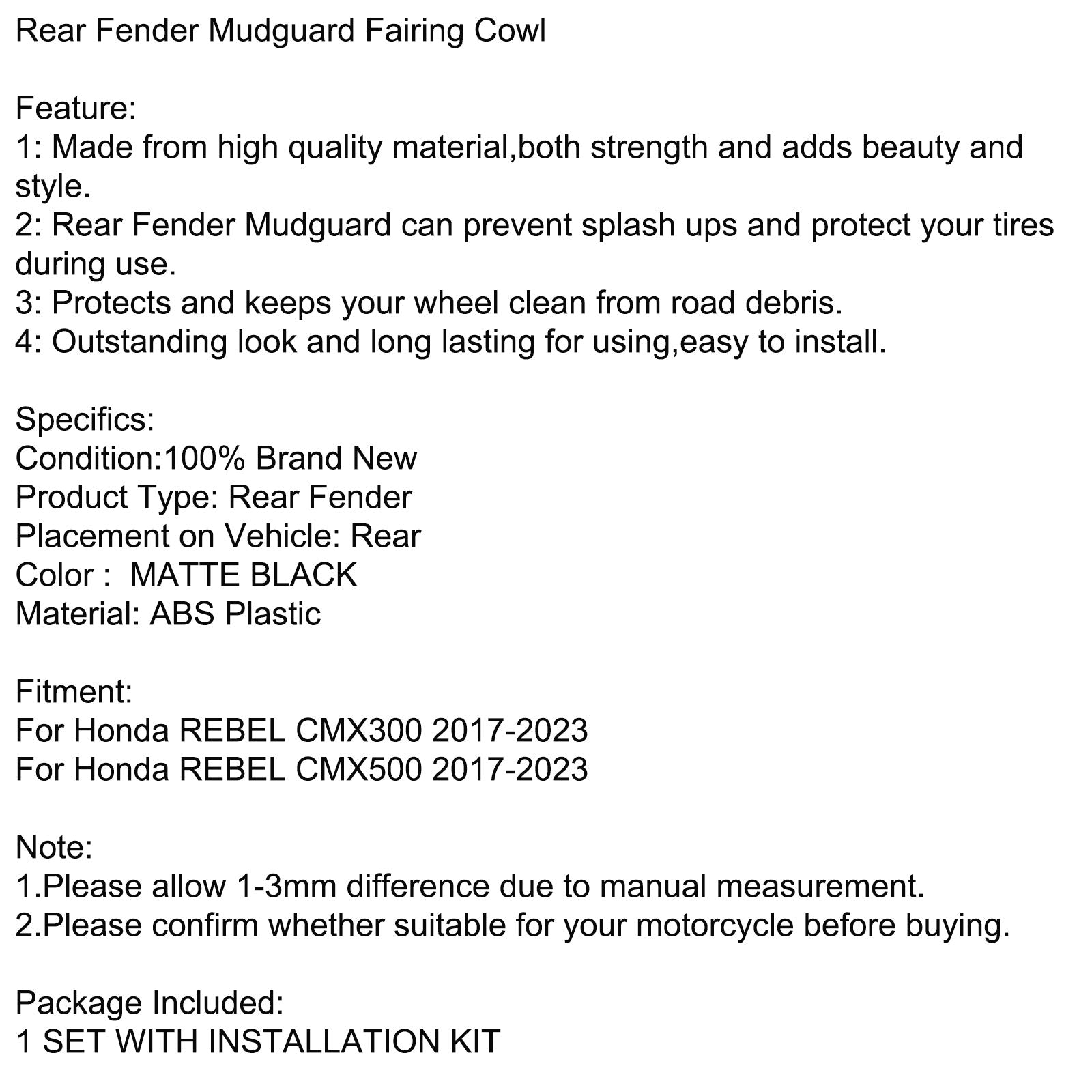 Rear Fender Mudguard Fairing Cowl For Honda REBEL CMX300 CMX500 2017-2023