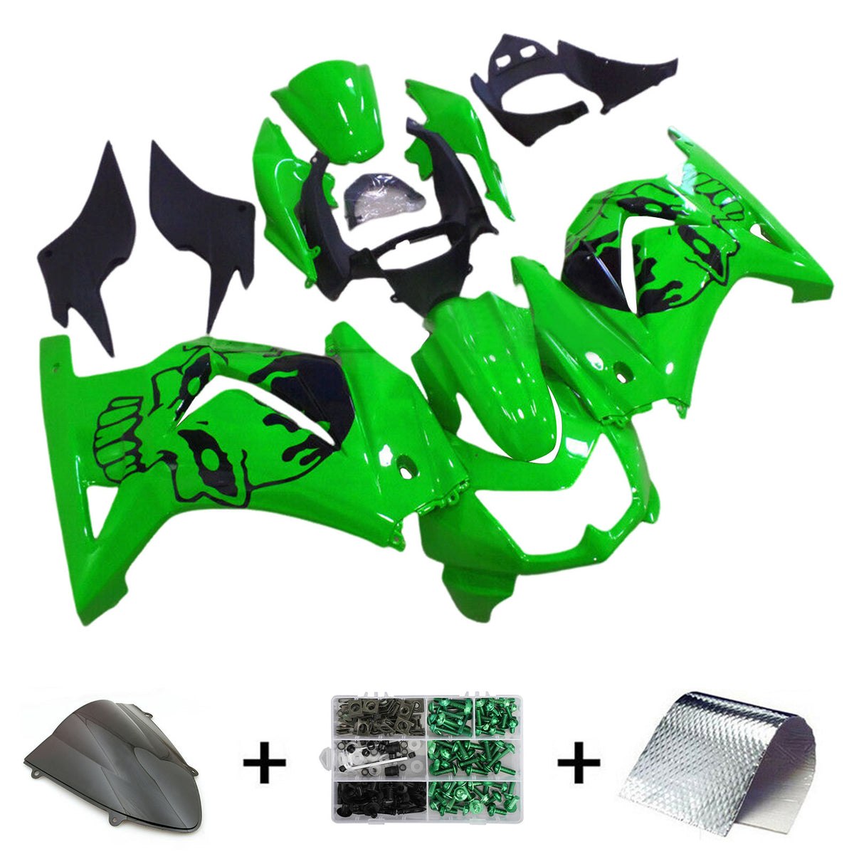 Amotopart 2008-2012 Kawasaki EX250 Ninja250R Kit de carénage vert et noir