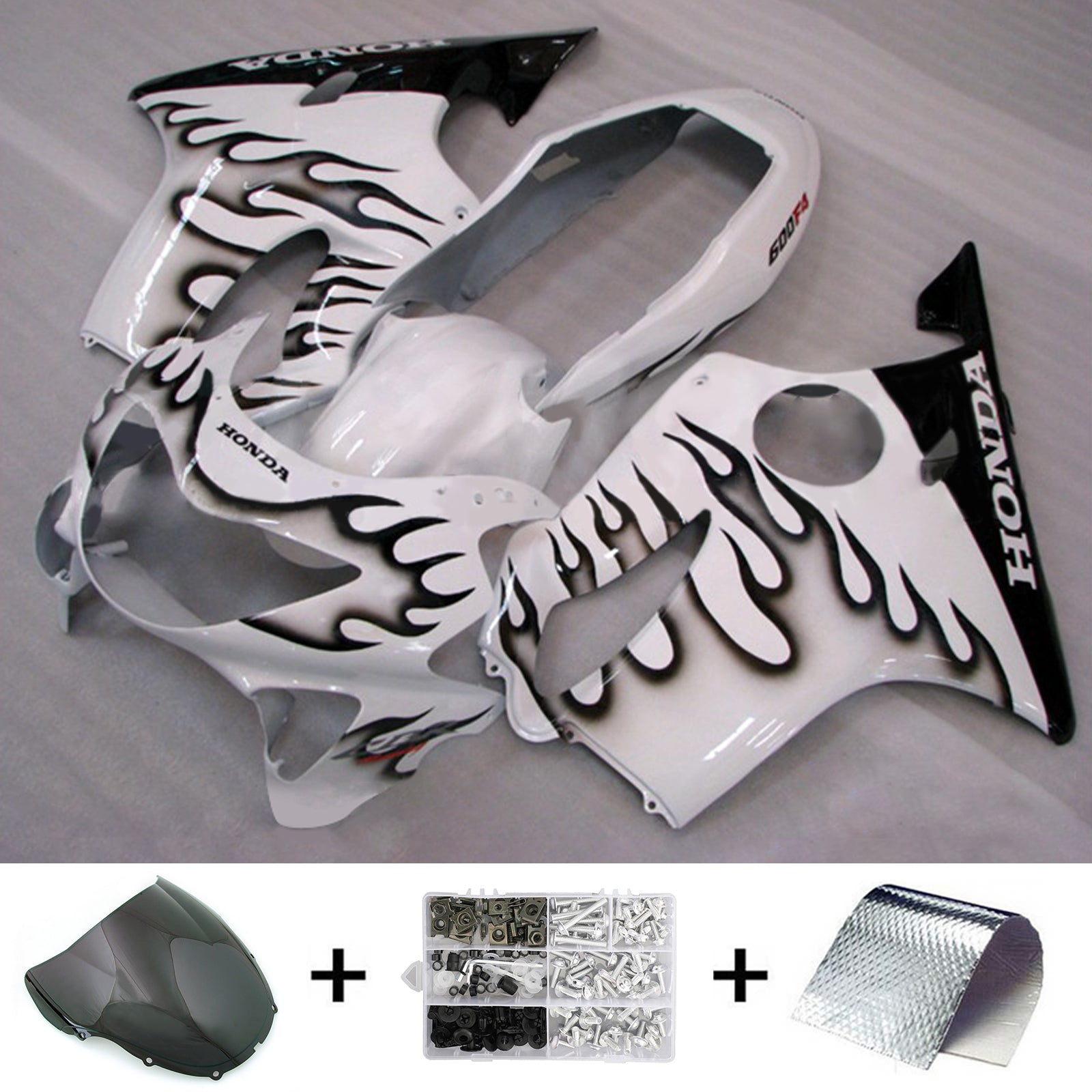 Amotopart 1999-2000 CBR600 F4 Honda White with Black Flame Fairing Kit