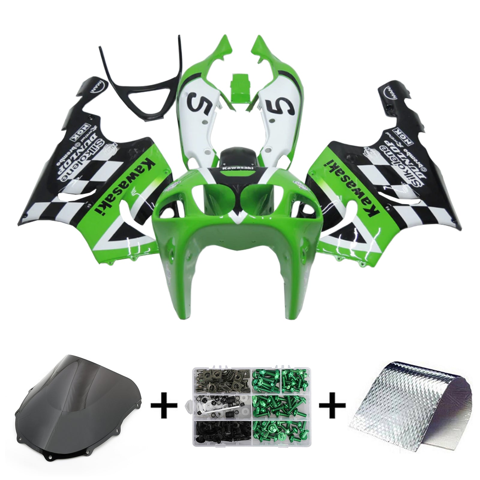 Amotopart 1996-2003 Kawasaki ZX7R Black White Green Fairing Kit