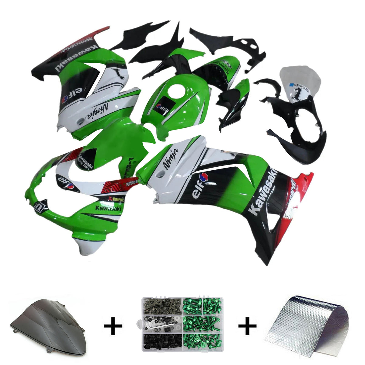 Amotopart 2008-2012 Kawasaki EX250 Ninja250R Black White Green  Fairing Kit