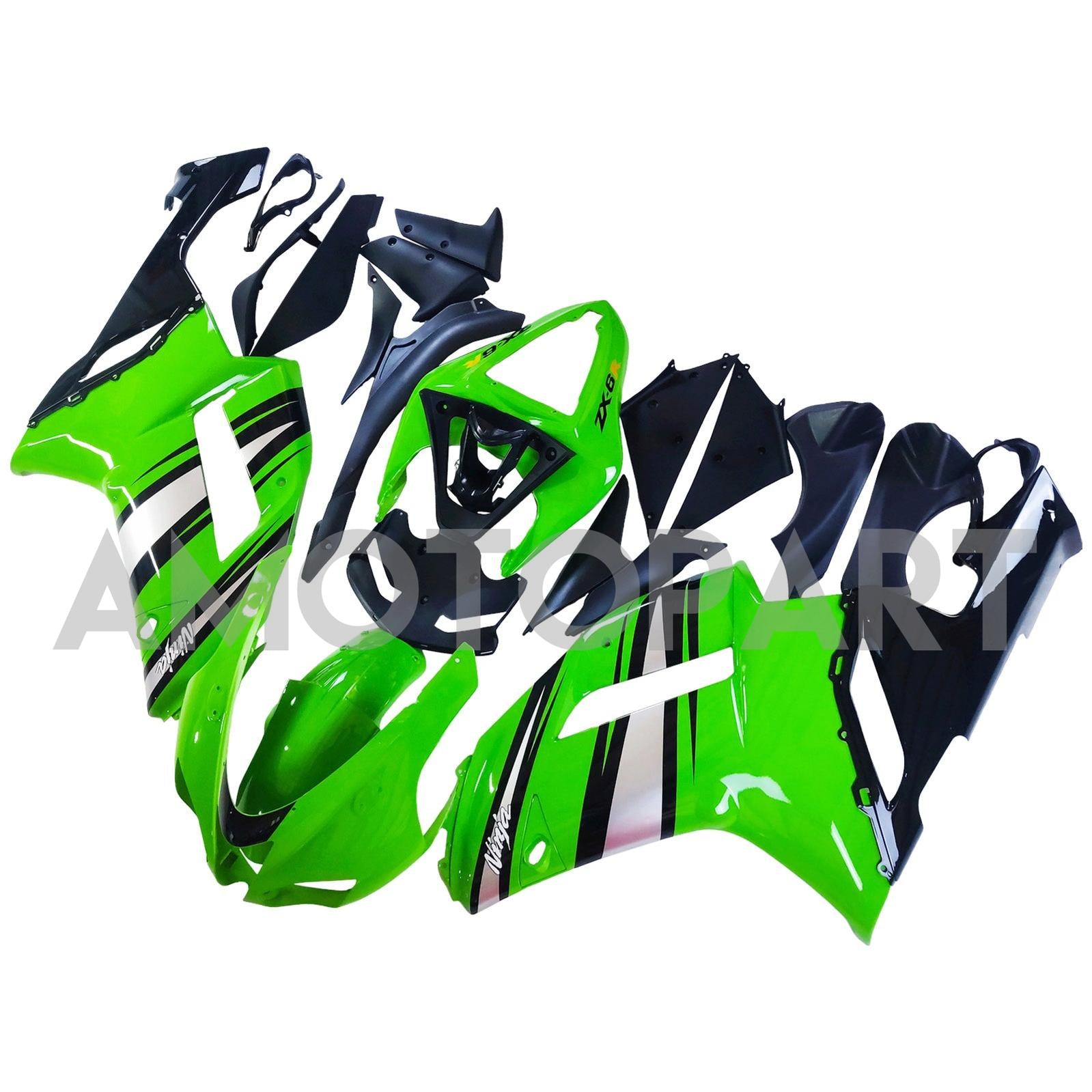 Amotopart 2007-2008 Kawasaki ZX6R 636 Glossy Silver Green Black Fairing Kit