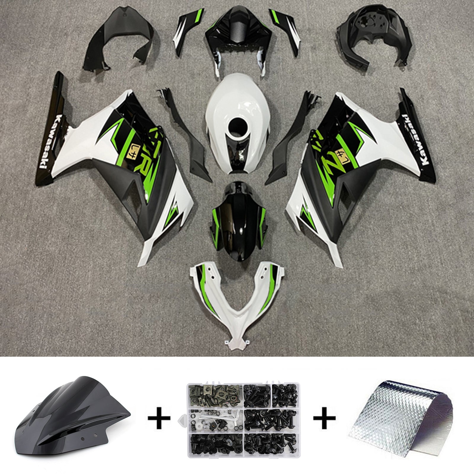 Amotopart 2013-2024 Kawasaki EX300/Ninja 300 ブラック & グリーン スタイル フェアリングキット