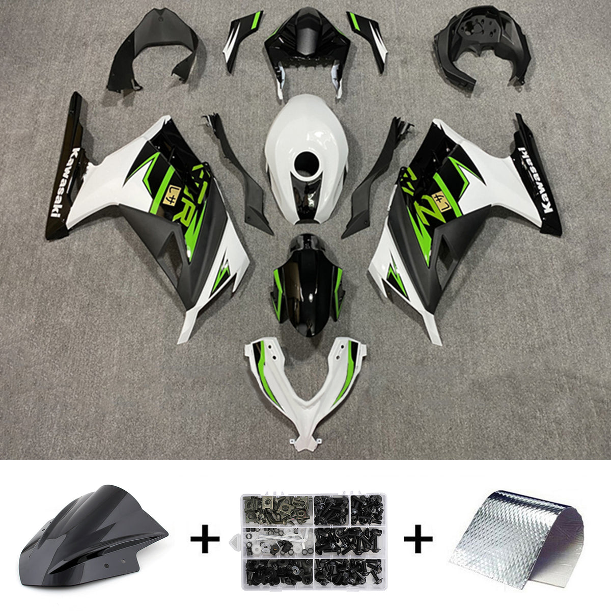 Amotopart 2013-2024 Kawasaki EX300/Ninja300 Schwarz&amp;Grün Style5 Verkleidungssatz