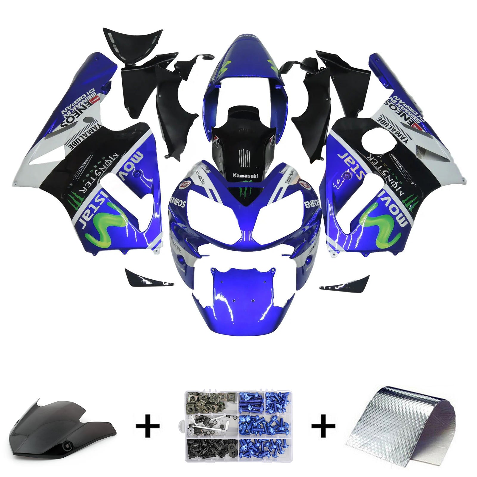 Amotopart 2002–2005 Kawasaki ZX12R Blau Schwarz Verkleidungsset