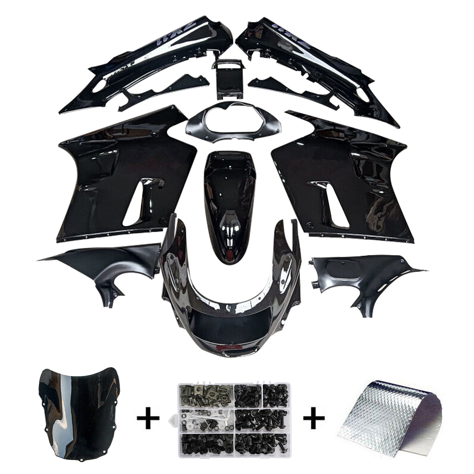 Amotopart Verkleidungssatz für Kawasaki ZZR1100, 1990–1992, glänzend schwarz